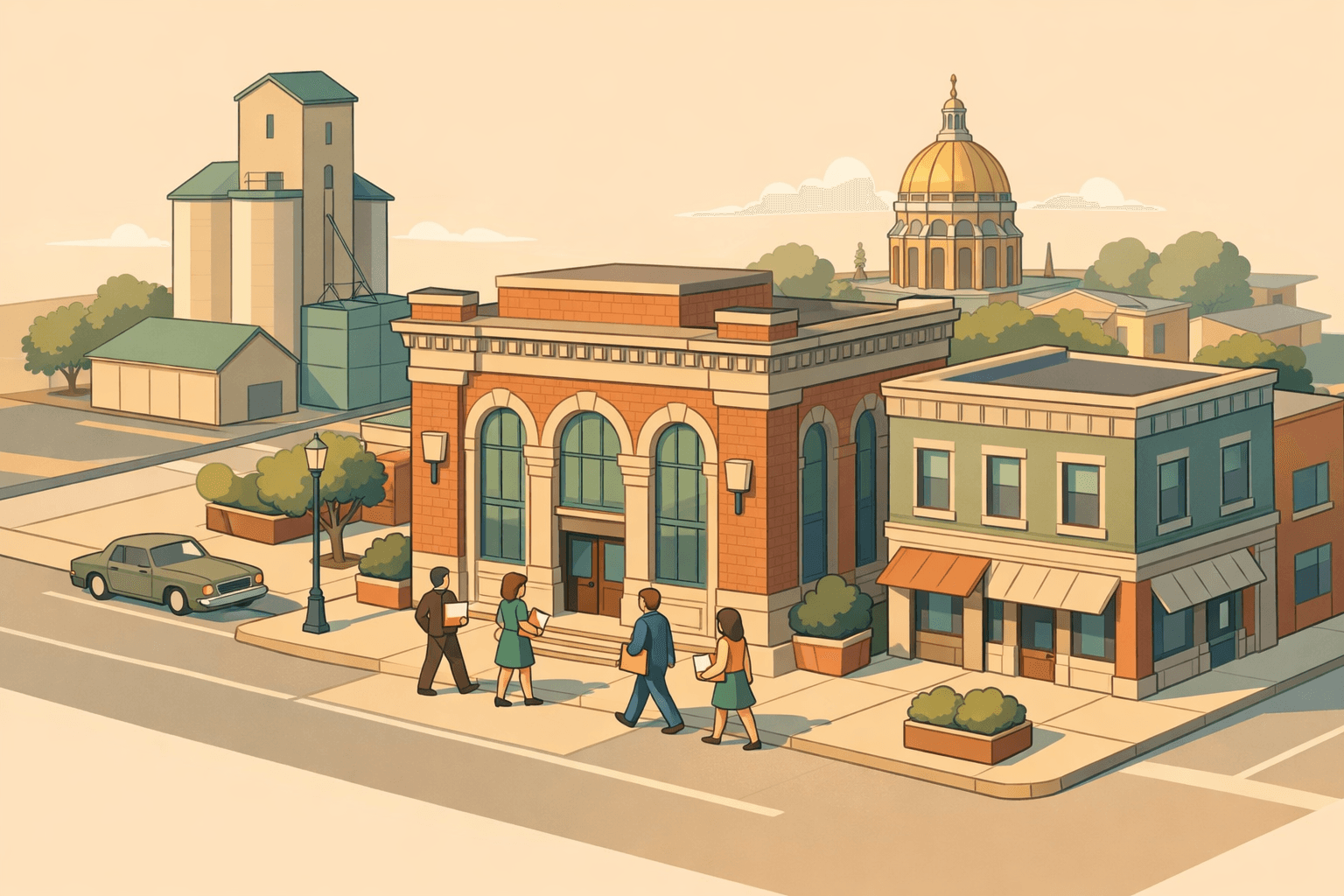 Isometric scene of an Iowa main street with a community bank, grain elevator, and small business owners approaching the entrance under a capitol dome skyline.