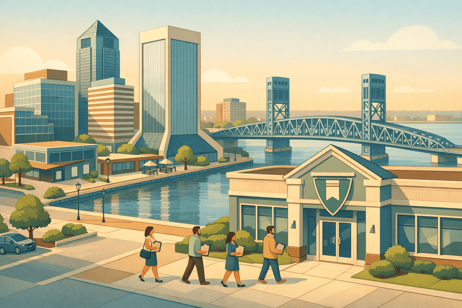 Isometric scene of downtown Jacksonville with a river bridge, commercial buildings, a bank branch, and small business owners approaching the entrance.
