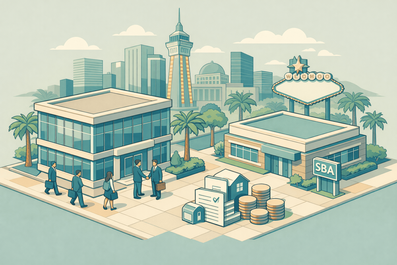 Isometric scene of a Las Vegas business district with a community bank, commercial office buildings, and small figures representing business owners and bankers.