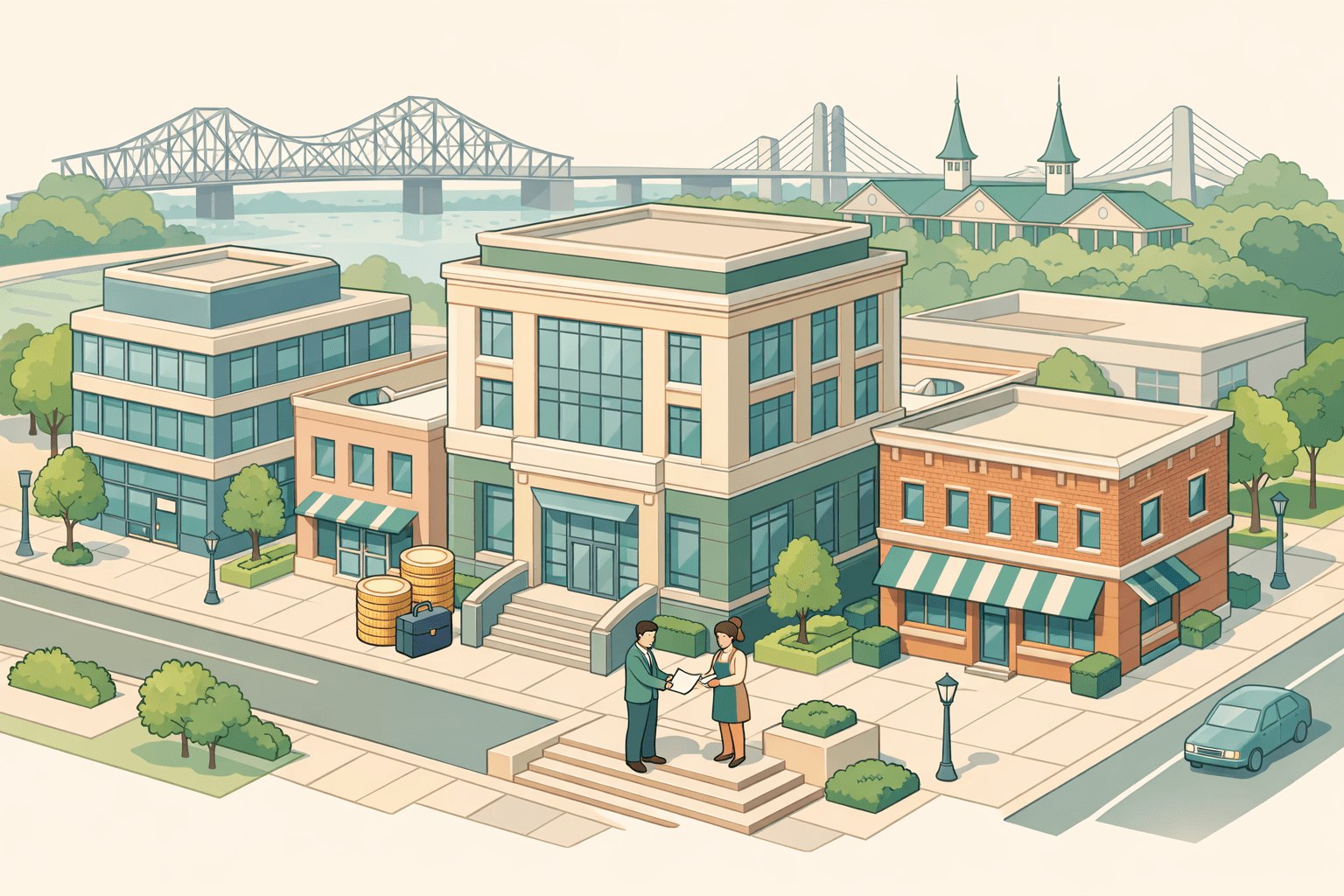 Isometric scene of a Louisville business district with a community bank, commercial buildings, Ohio River bridges, and small figures exchanging loan documents.