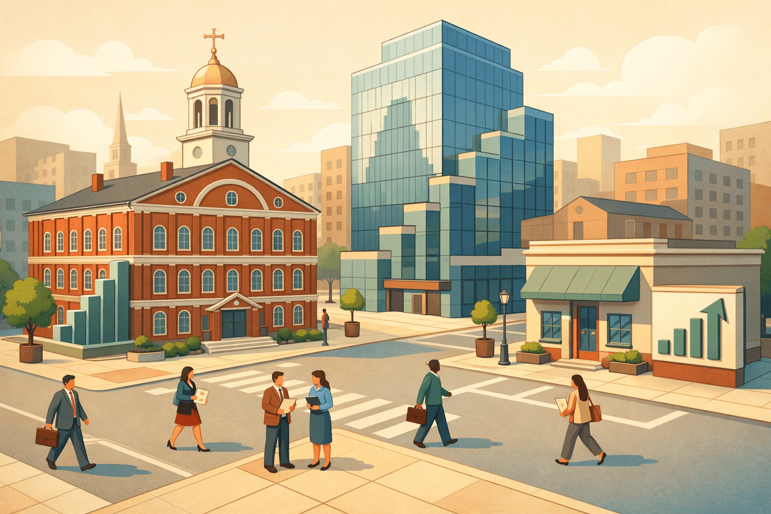 Isometric scene of a Massachusetts city block with a historic brick building, a modern office tower, and a community bank branch with small business owners nearby.