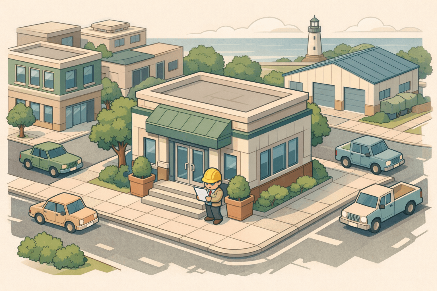 Isometric Michigan street scene with a small bank building, commercial offices, a warehouse, and a tiny business owner figure near the entrance.