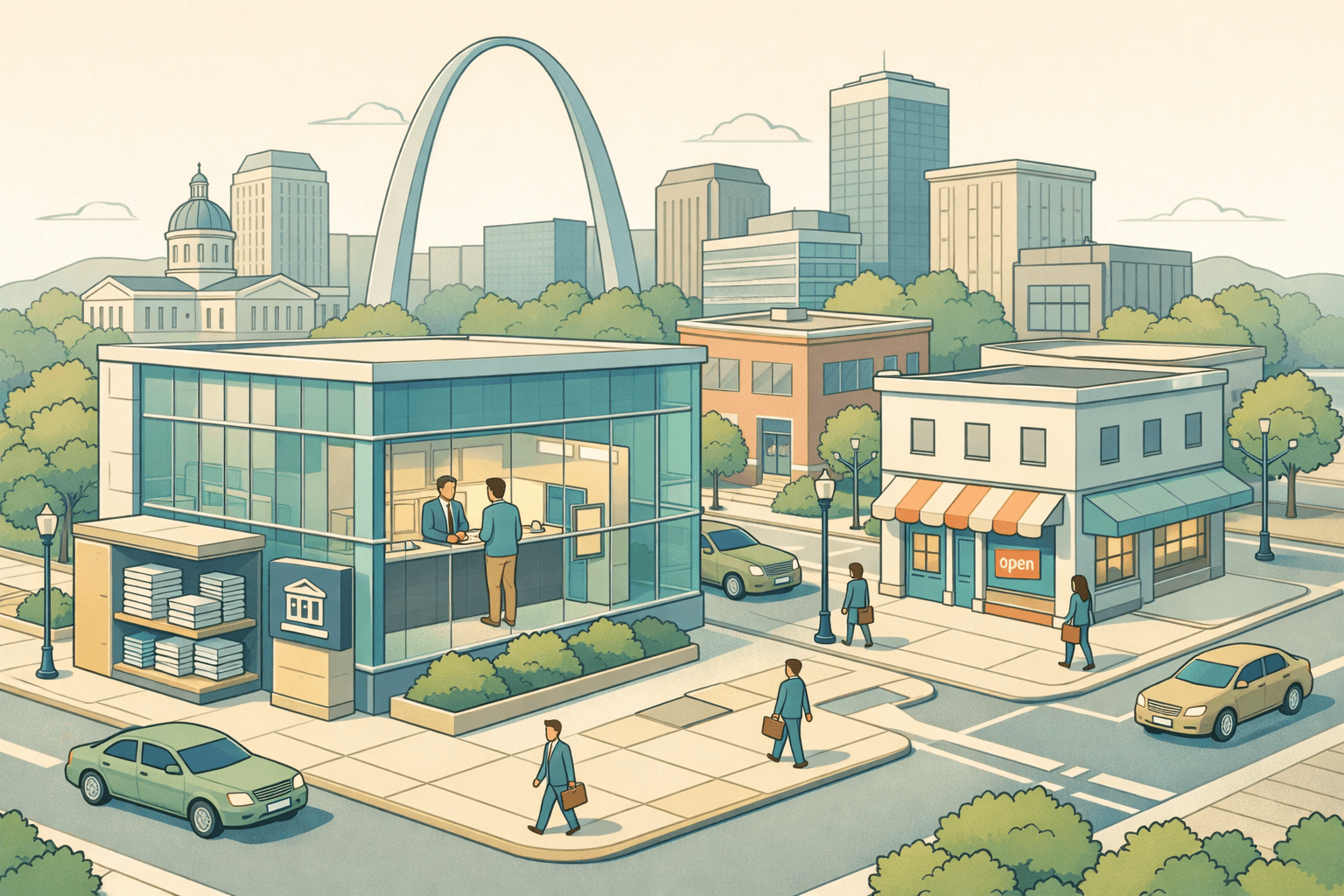 Isometric scene of a Missouri downtown bank building near the Gateway Arch with small business owners and loan officers visible inside and on the street.