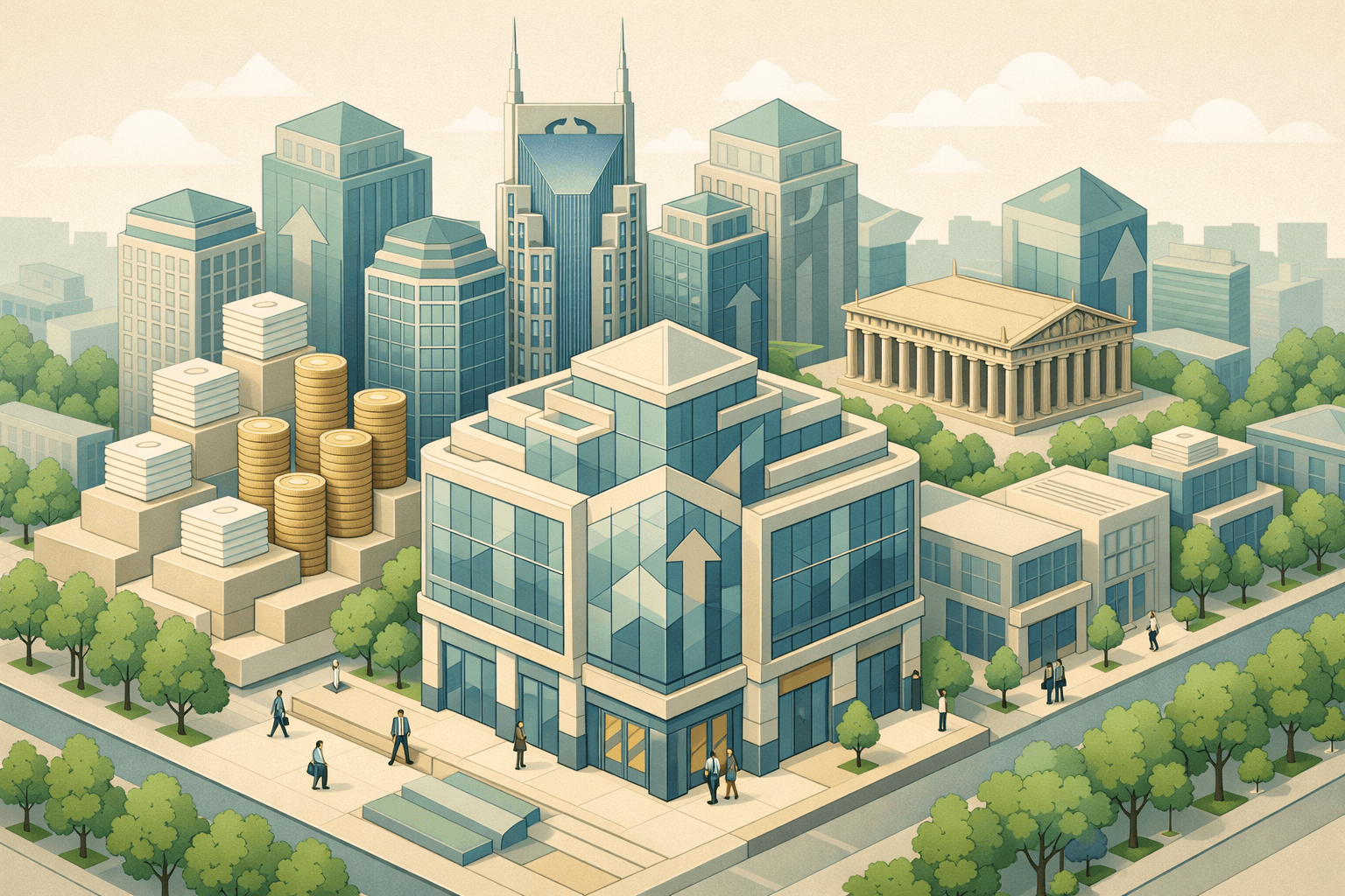 Isometric Nashville skyline with a corner bank building, small business figures, and stacked documents representing SBA lending activity in the city.