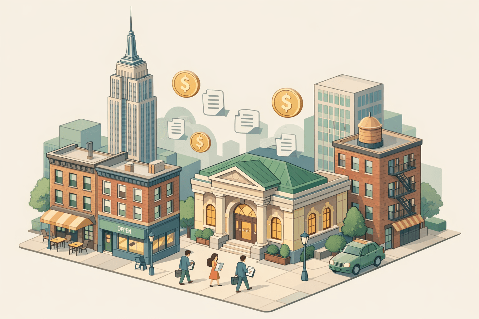 Isometric view of a New York City street with the Empire State Building, small businesses, and tiny figures carrying loan documents approaching a local bank.