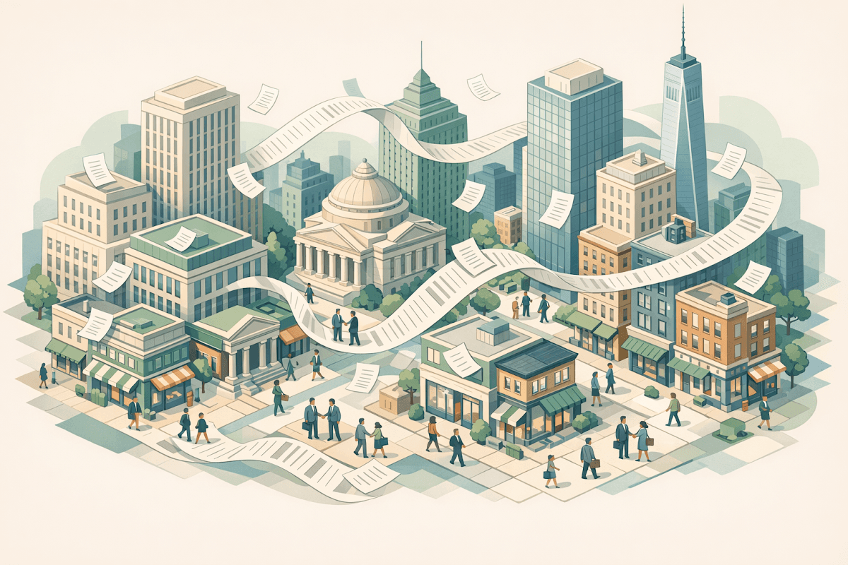 Isometric view of New York City financial district with bank buildings and small businesses connected by document pathways