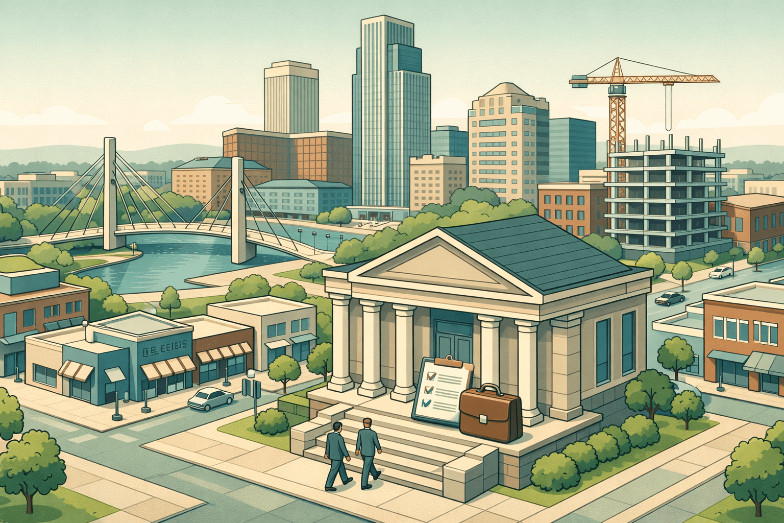 Isometric illustration of downtown Omaha with a community bank, small business owners, and commercial buildings representing local SBA lending.