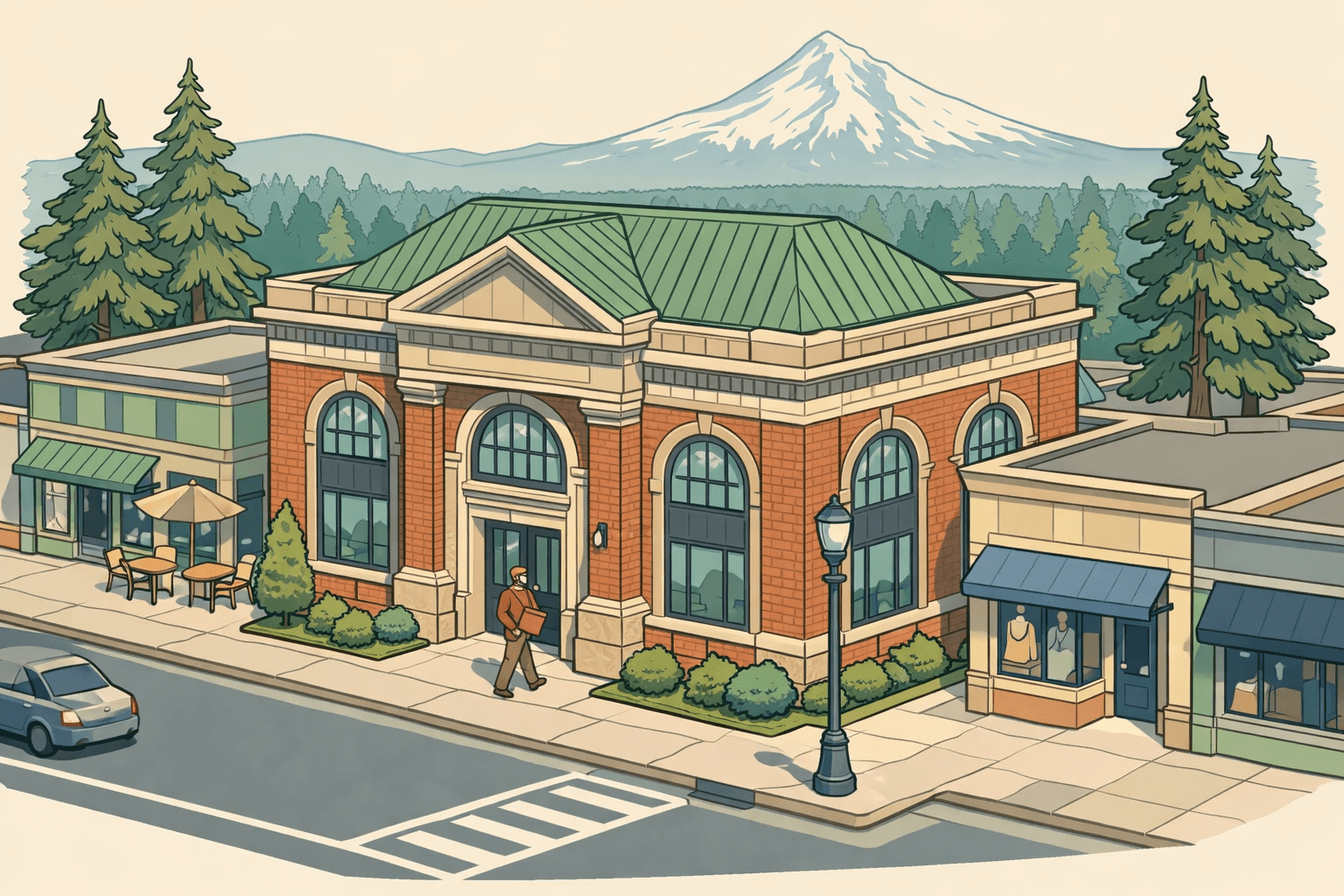 Isometric scene of an Oregon small-town commercial block with a regional bank building, storefronts, fir trees, and a snow-capped mountain in the background.