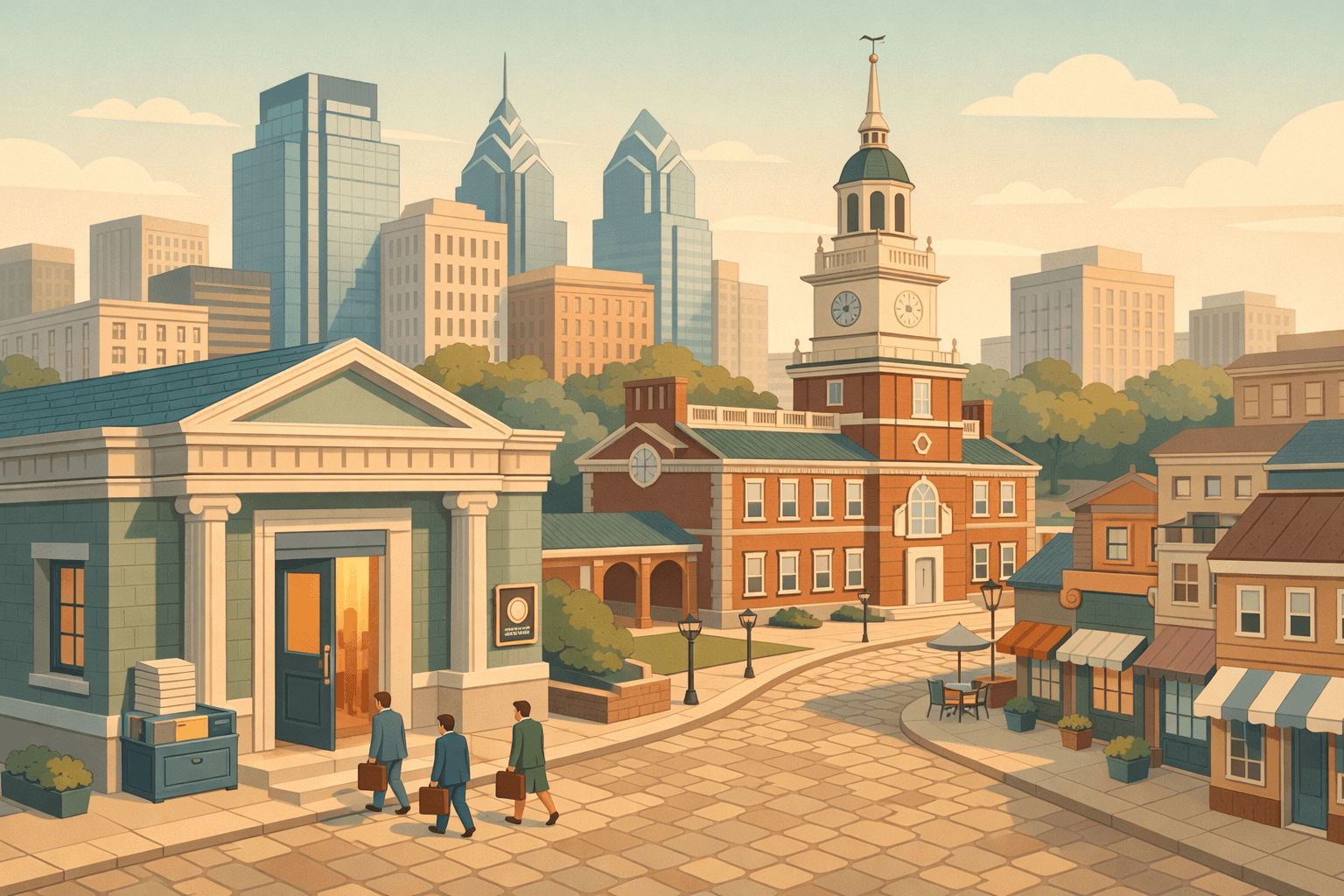 Isometric Philadelphia cityscape with a community bank, small business storefronts, and tiny figures approaching the bank entrance on a cobblestone street.