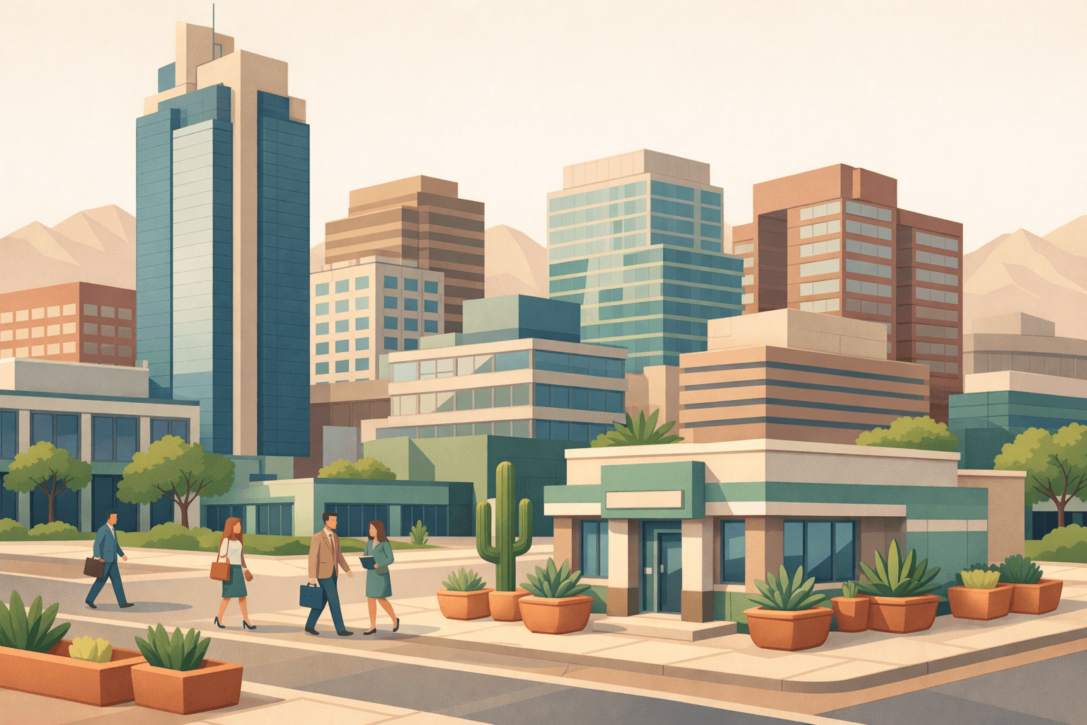 Isometric illustration of a Phoenix business district with a local bank branch, office towers, and small figures representing entrepreneurs seeking small business loans.