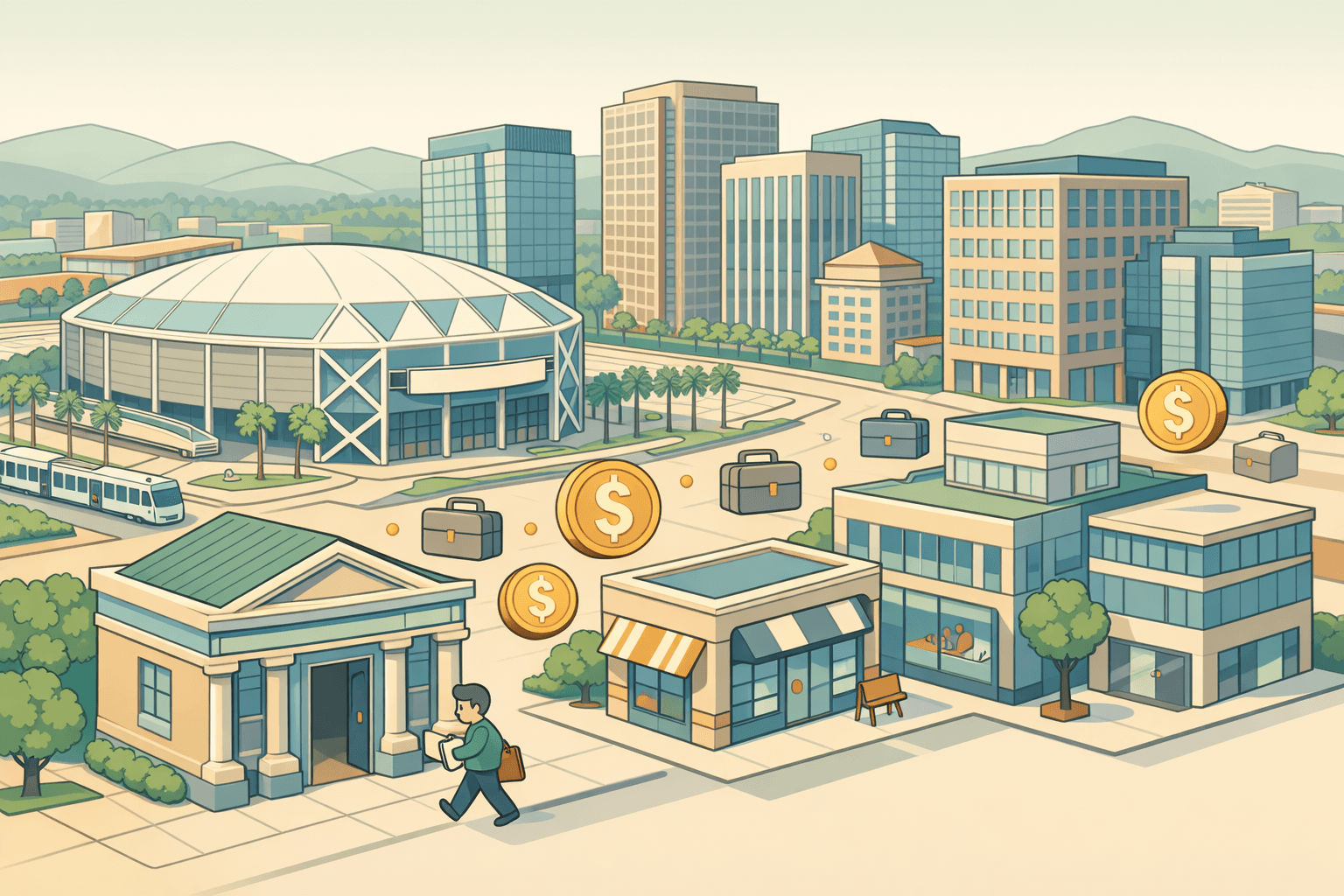 Isometric view of a San Jose business district with office towers, a community bank, and a small figure approaching with documents representing SBA loan access.
