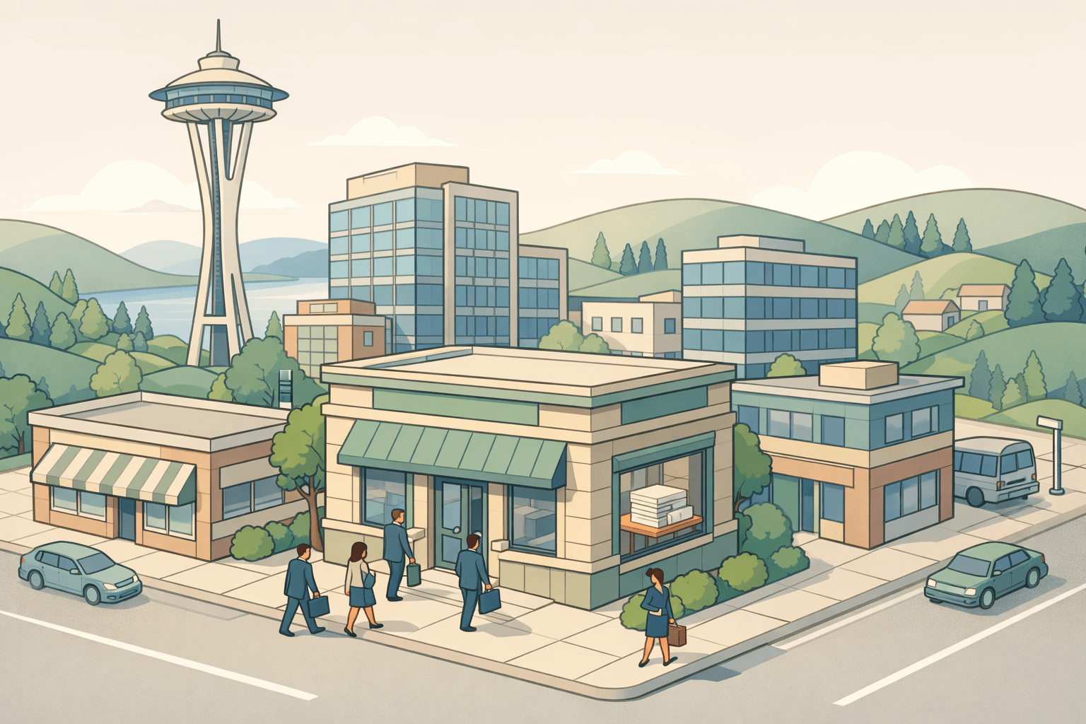Isometric Seattle cityscape with the Space Needle, a small bank branch, and tiny business figures representing SBA lending activity in the city.