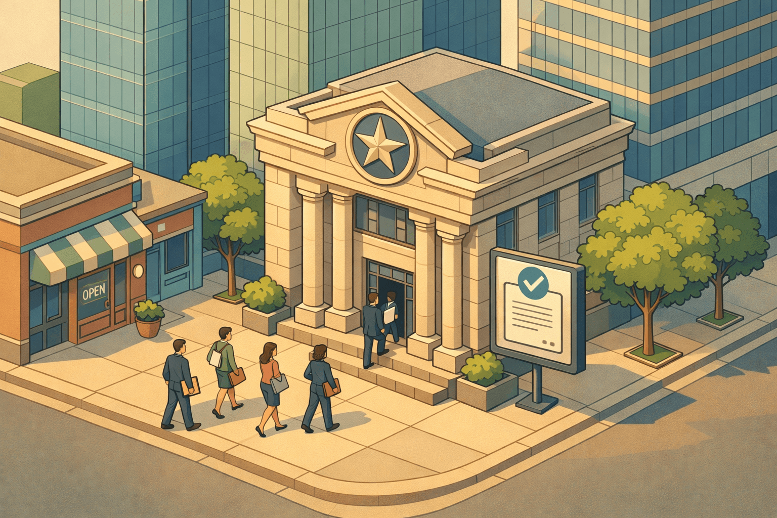 Isometric illustration of a Texas downtown street with a bank building, small business storefront, and tiny figures carrying documents toward the entrance.