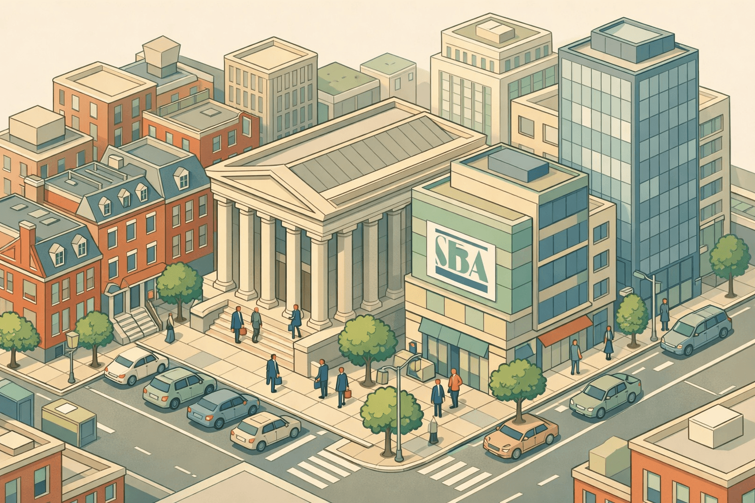 Isometric city scene showing Mid-Atlantic business district with historic rowhouses, a columned bank building, and modern offices along a main street.