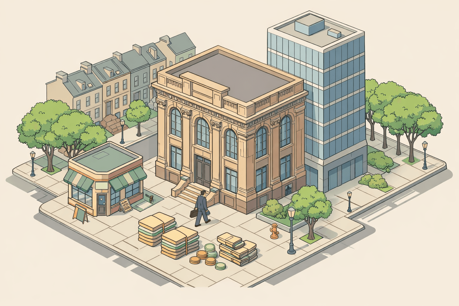 Isometric illustration of a Northeast city block with a historic bank, office tower, small business storefront, and a person approaching the bank entrance.