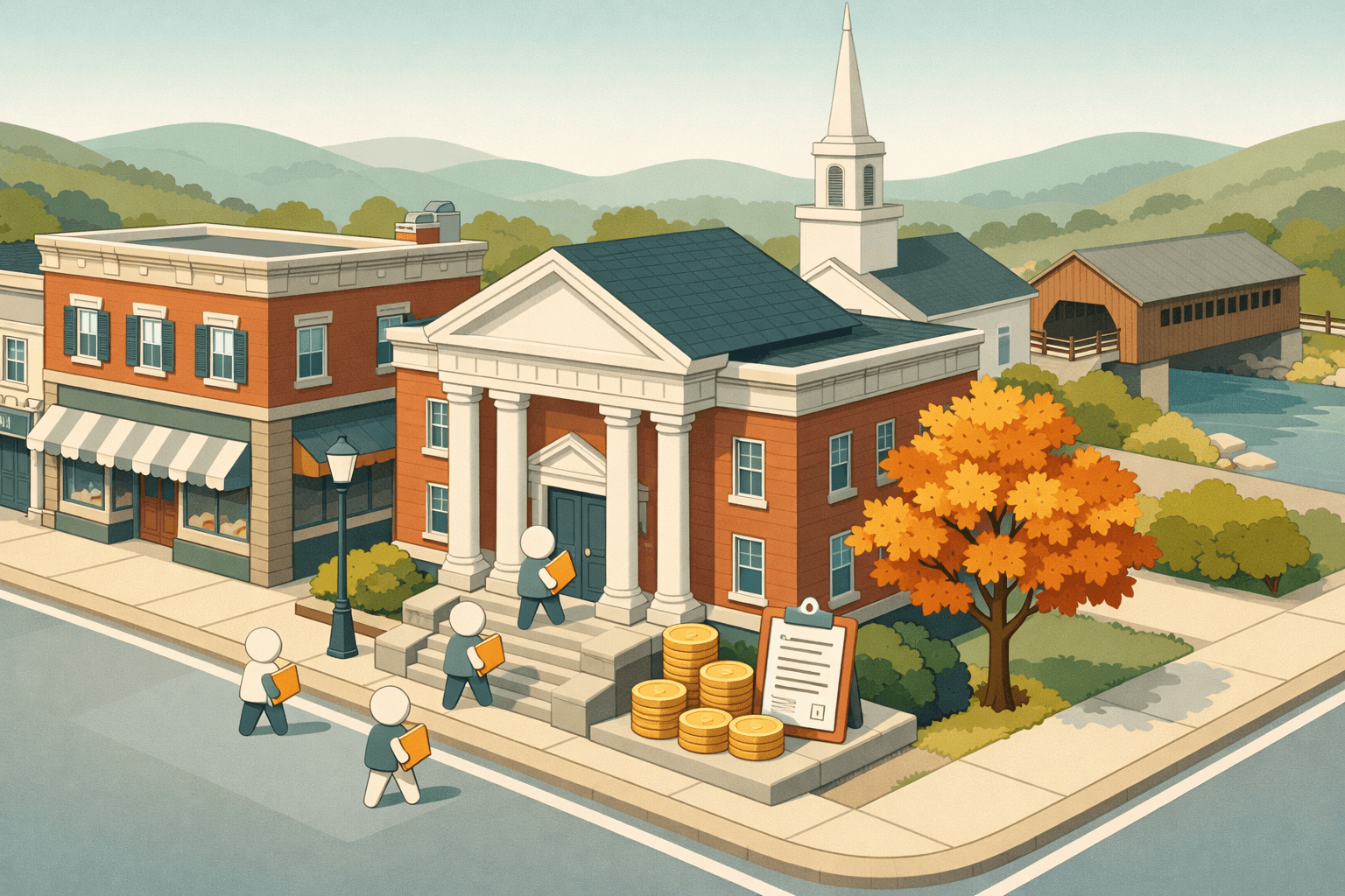 Isometric scene of a Vermont small-town bank and main street with tiny figures, a covered bridge, and maple trees representing local small business lending.