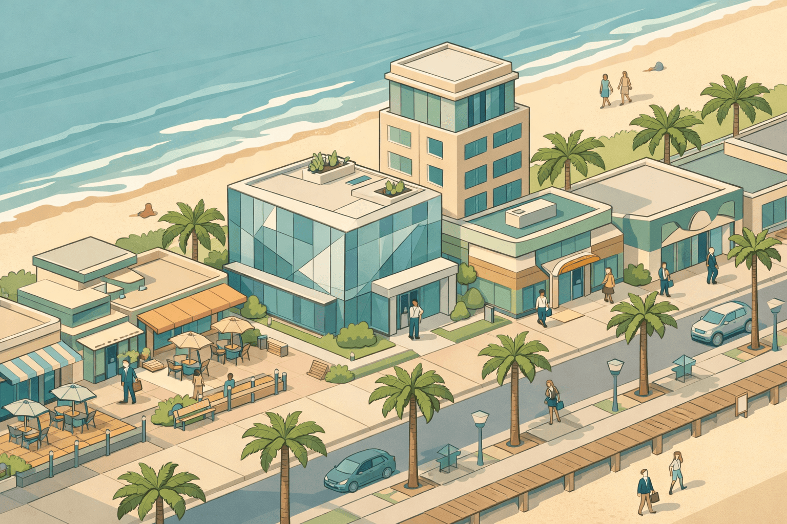 Isometric scene of a Virginia Beach commercial street with a community bank, office buildings, and small business owners near the oceanfront boardwalk.