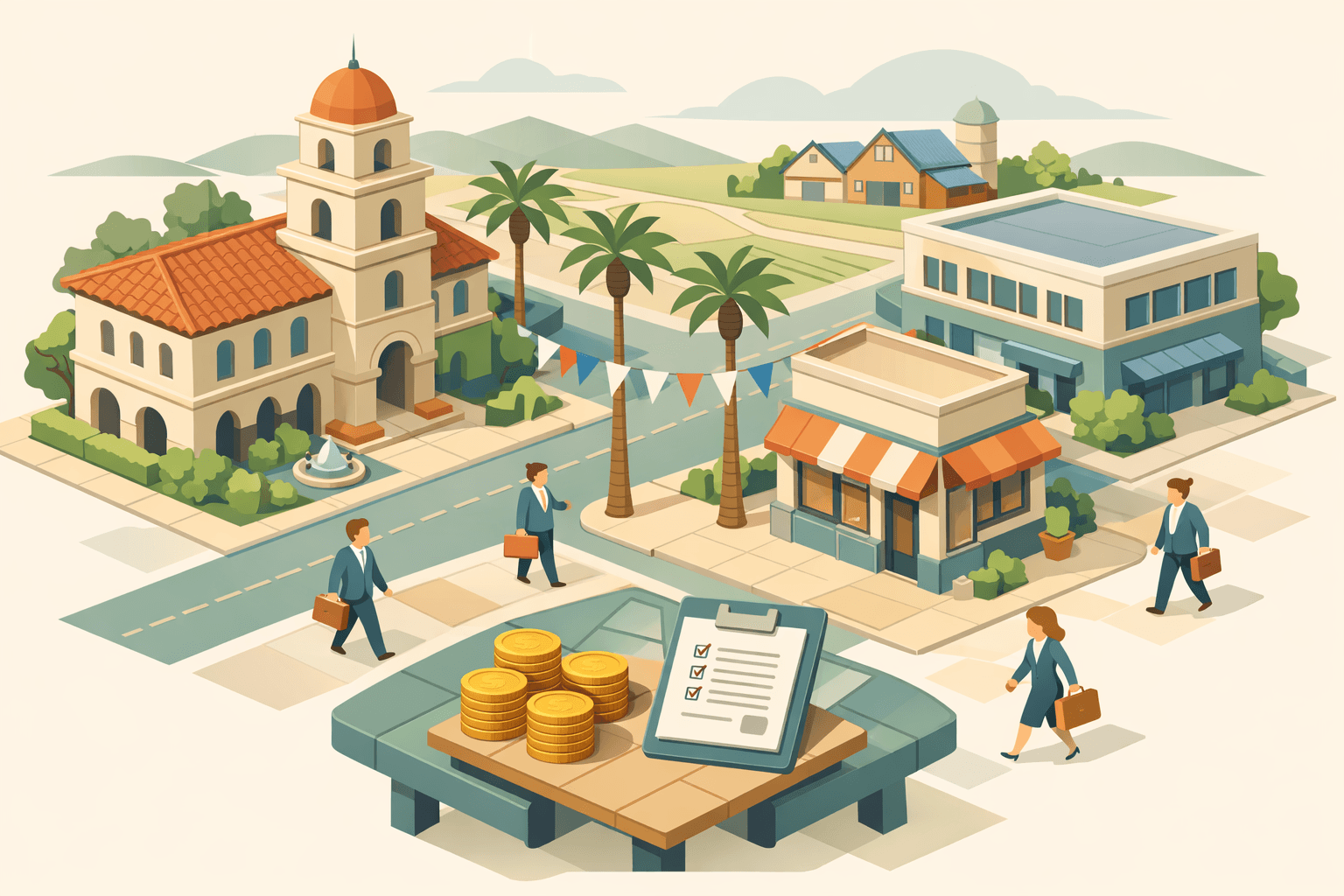 Isometric scene of a California small business district with storefronts, a community lending office, palm trees, and entrepreneurs exchanging loan documents.
