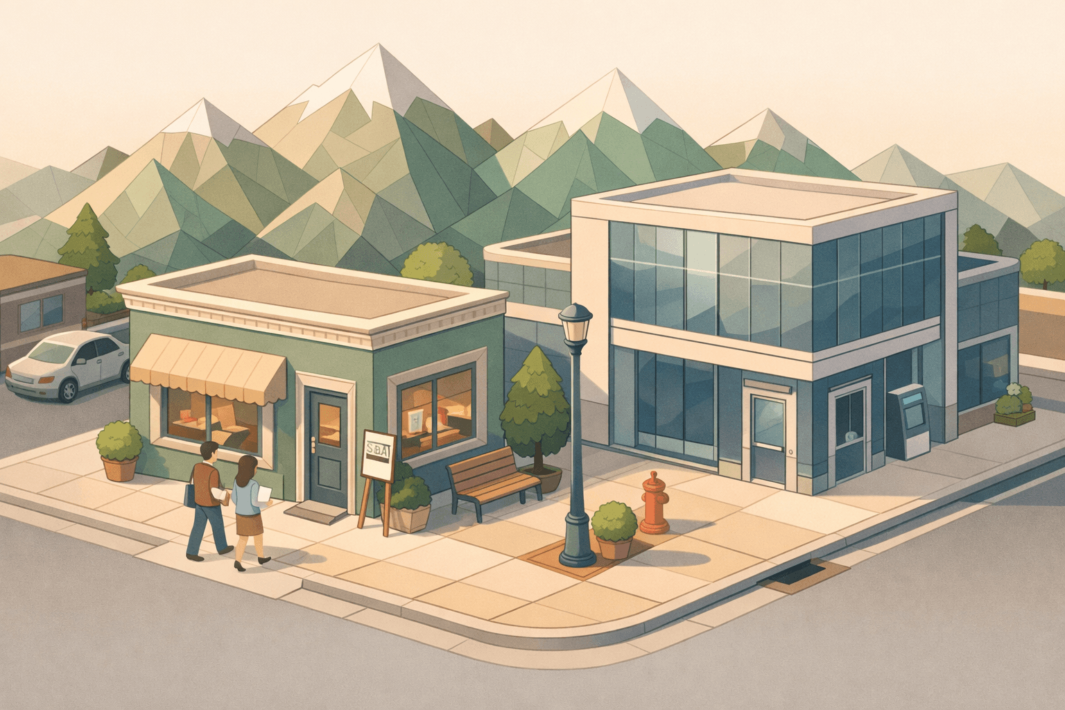 Isometric scene of a small business lending office and bank building on a Colorado downtown street with mountain peaks in the background.