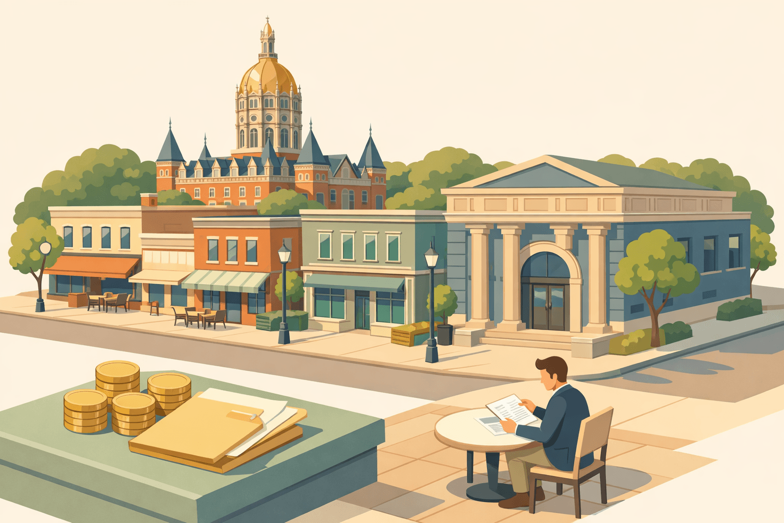Isometric scene of a Connecticut small business street with a community lending office, a capitol dome in the background, and a small figure reviewing loan documents.