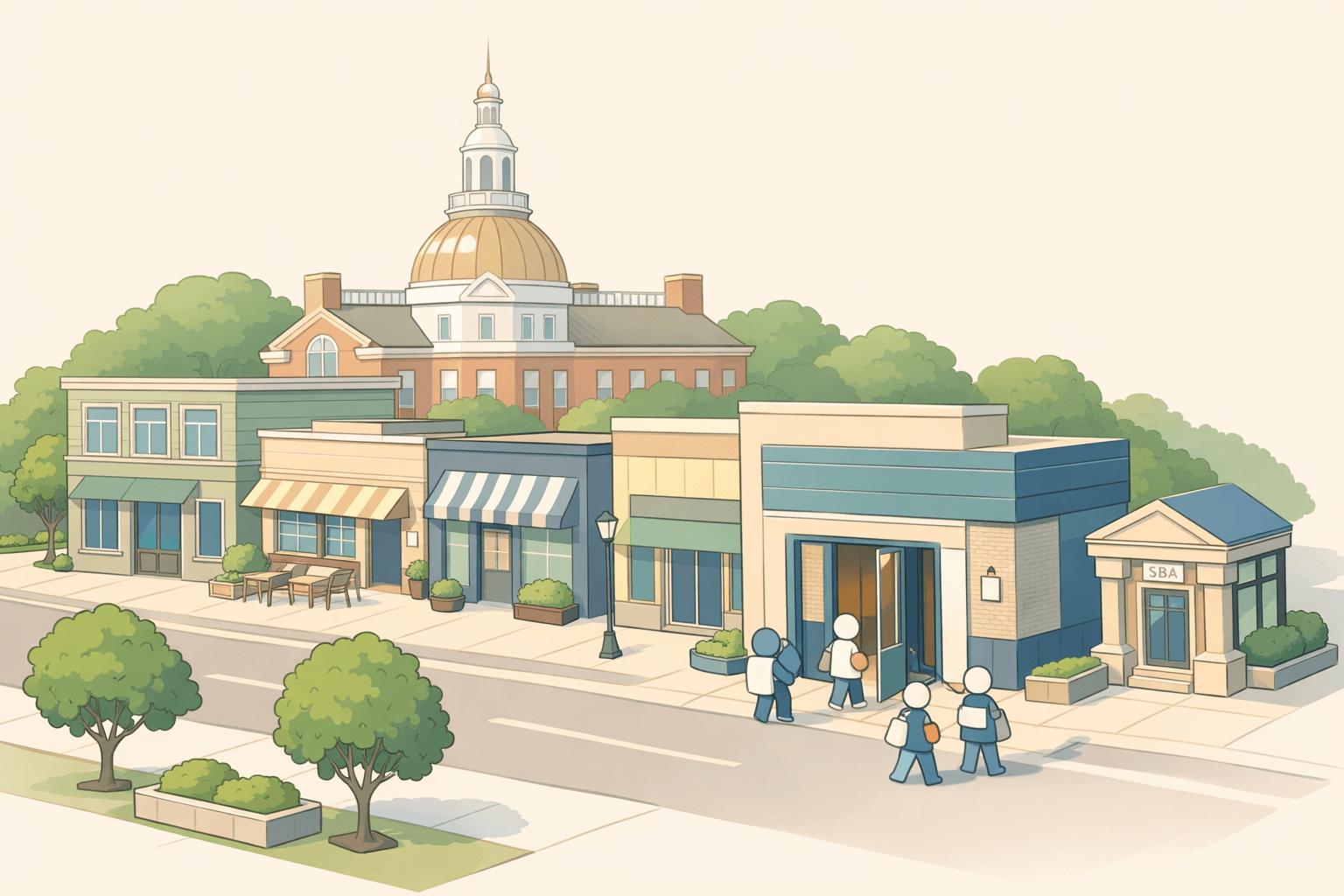 Isometric scene of a small Delaware main street with a community lending office, storefronts, and a capitol dome in the background.