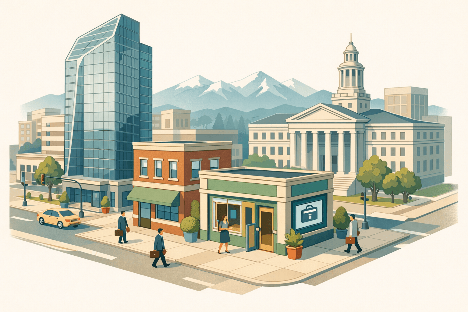 Isometric Denver city block with a community loan office, office tower, and civic building, with small business owners approaching storefronts and mountains in the background.