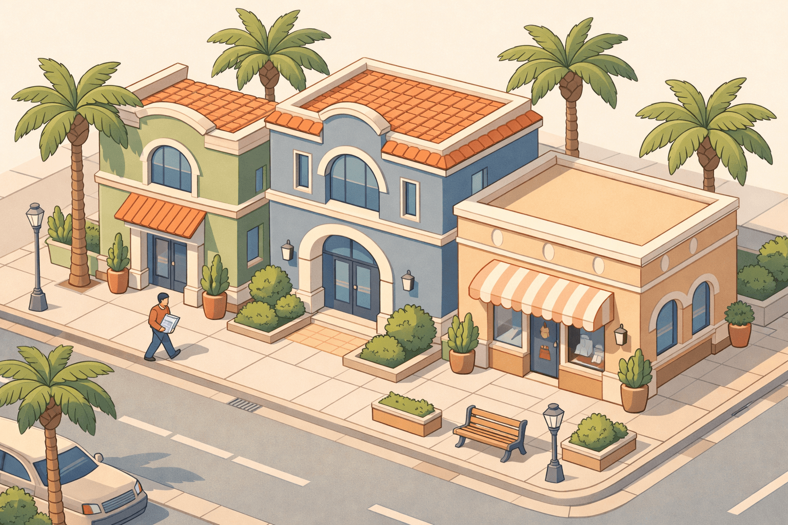 Isometric Florida small business street with a lending office, credit union branch, storefront, palm trees, and a small figure walking toward the lender entrance.