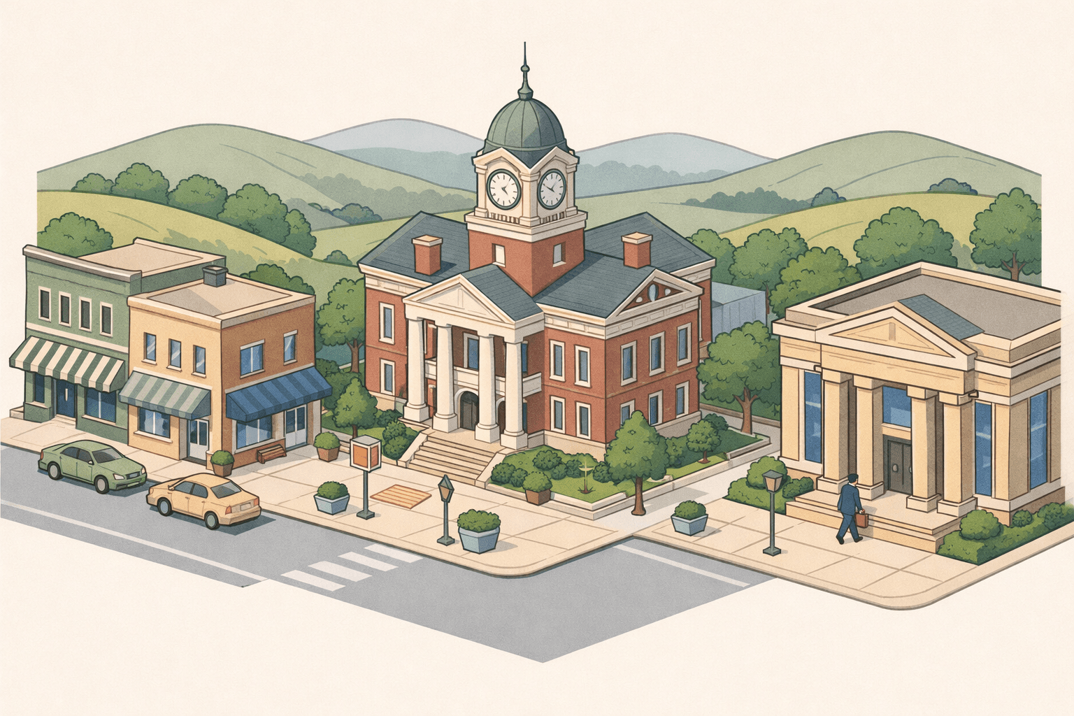 Isometric scene of a Kentucky small-town main street with a courthouse, community bank, storefronts, and a small business owner walking toward the bank.