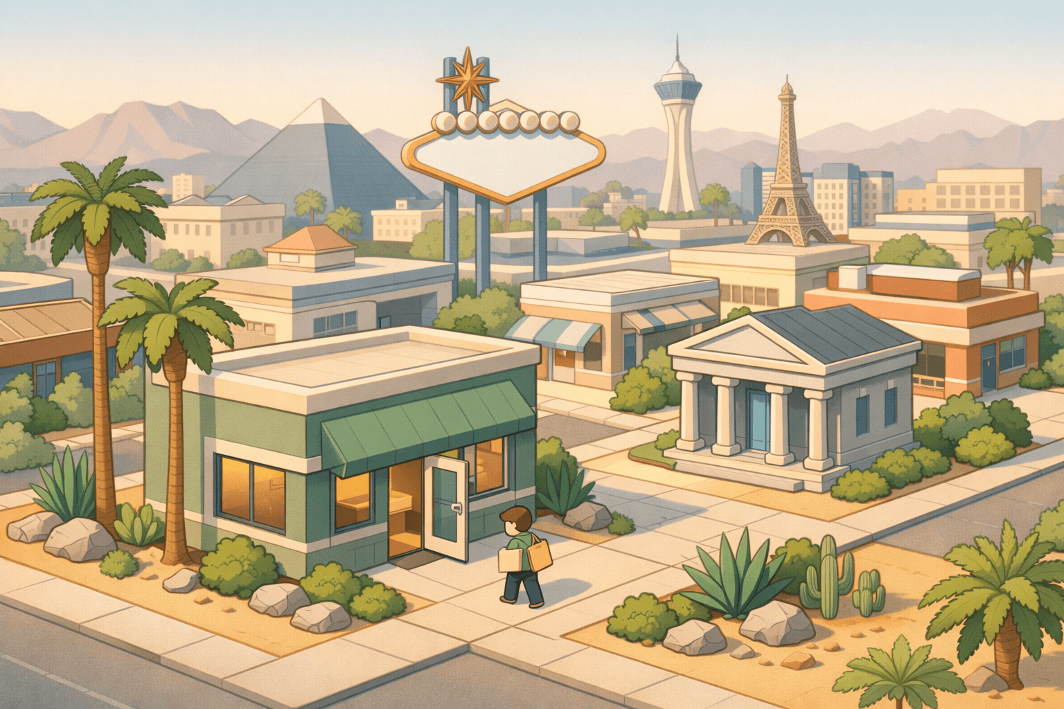Isometric scene of a Las Vegas small business district with a community lending office, a bank building, and a small figure approaching the entrance.
