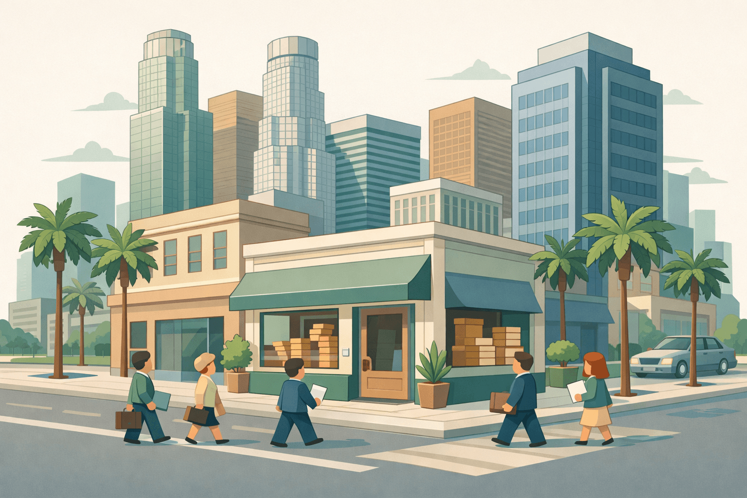Isometric view of a Los Angeles neighborhood with a small business lending office, city skyline, palm trees, and tiny people carrying loan documents.