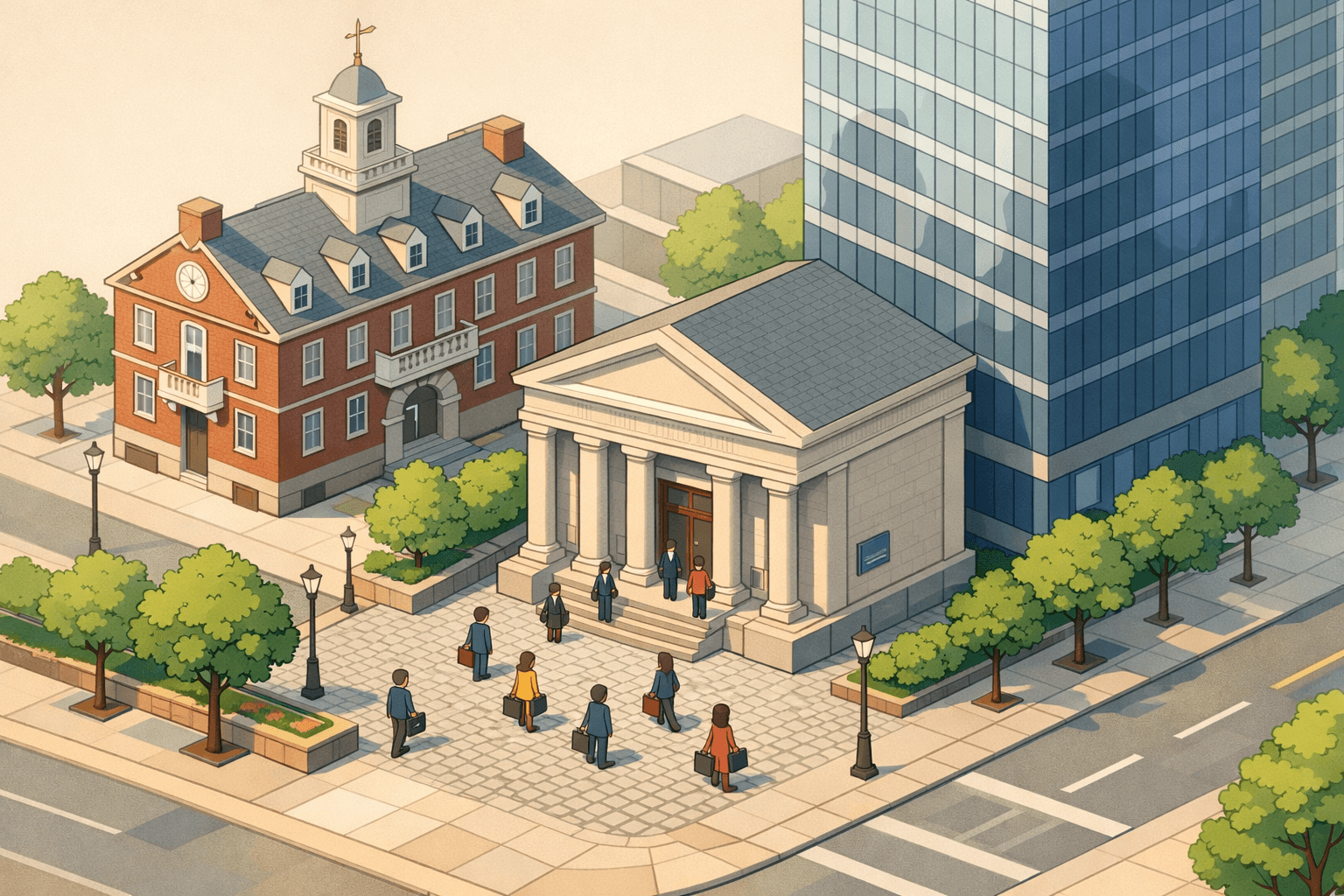 Isometric scene of a Massachusetts community bank and office buildings with small figures carrying documents on a cobblestone plaza.
