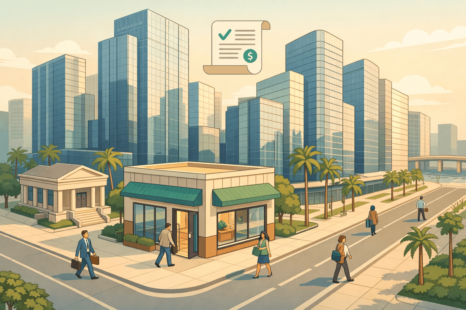 Isometric scene of Miami office towers and a small business lending storefront with tiny people on a palm-lined street representing SBA microloan access.