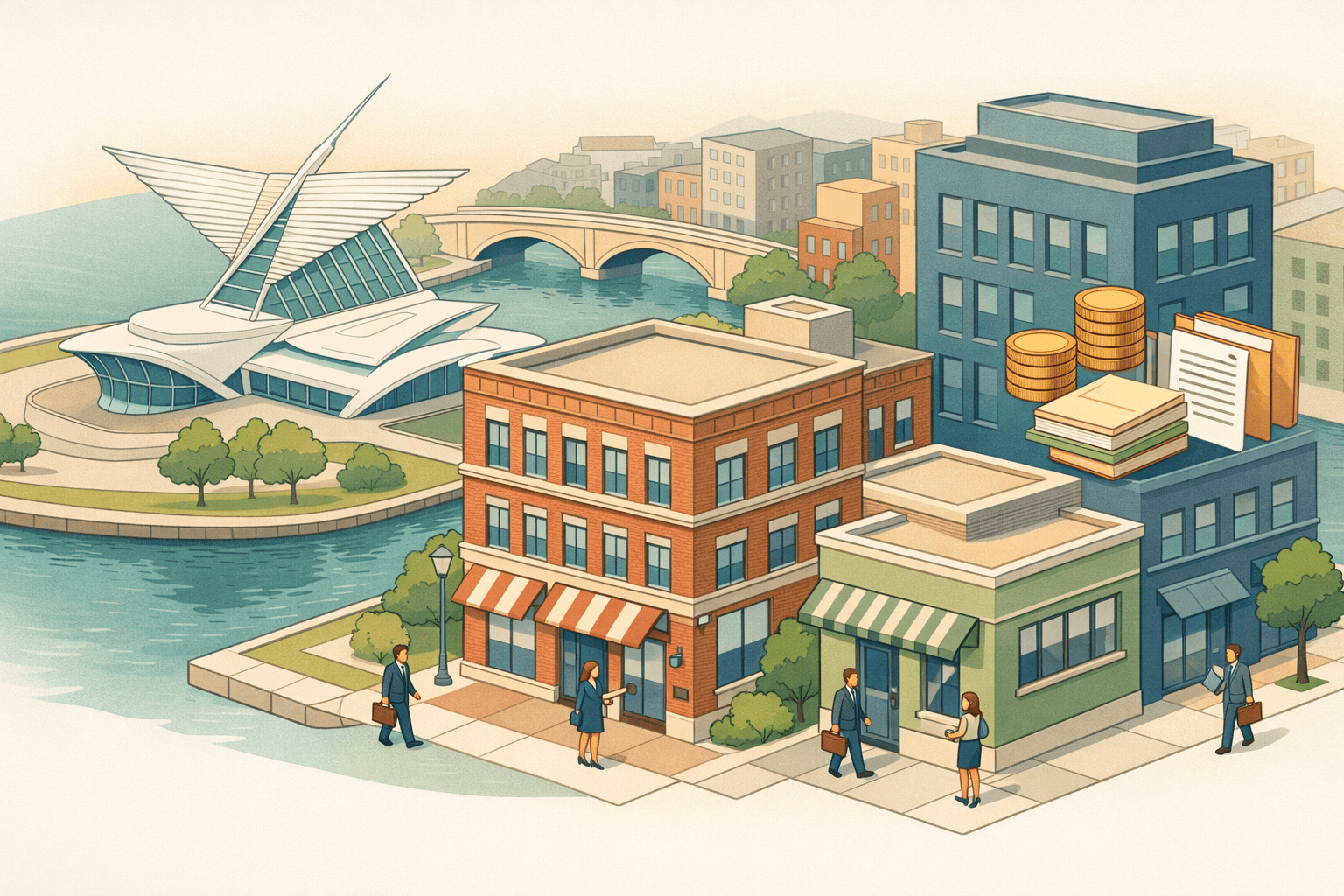 Isometric scene of Milwaukee buildings including a community lending office and art museum landmark with small business owners nearby and a river bridge in the background.