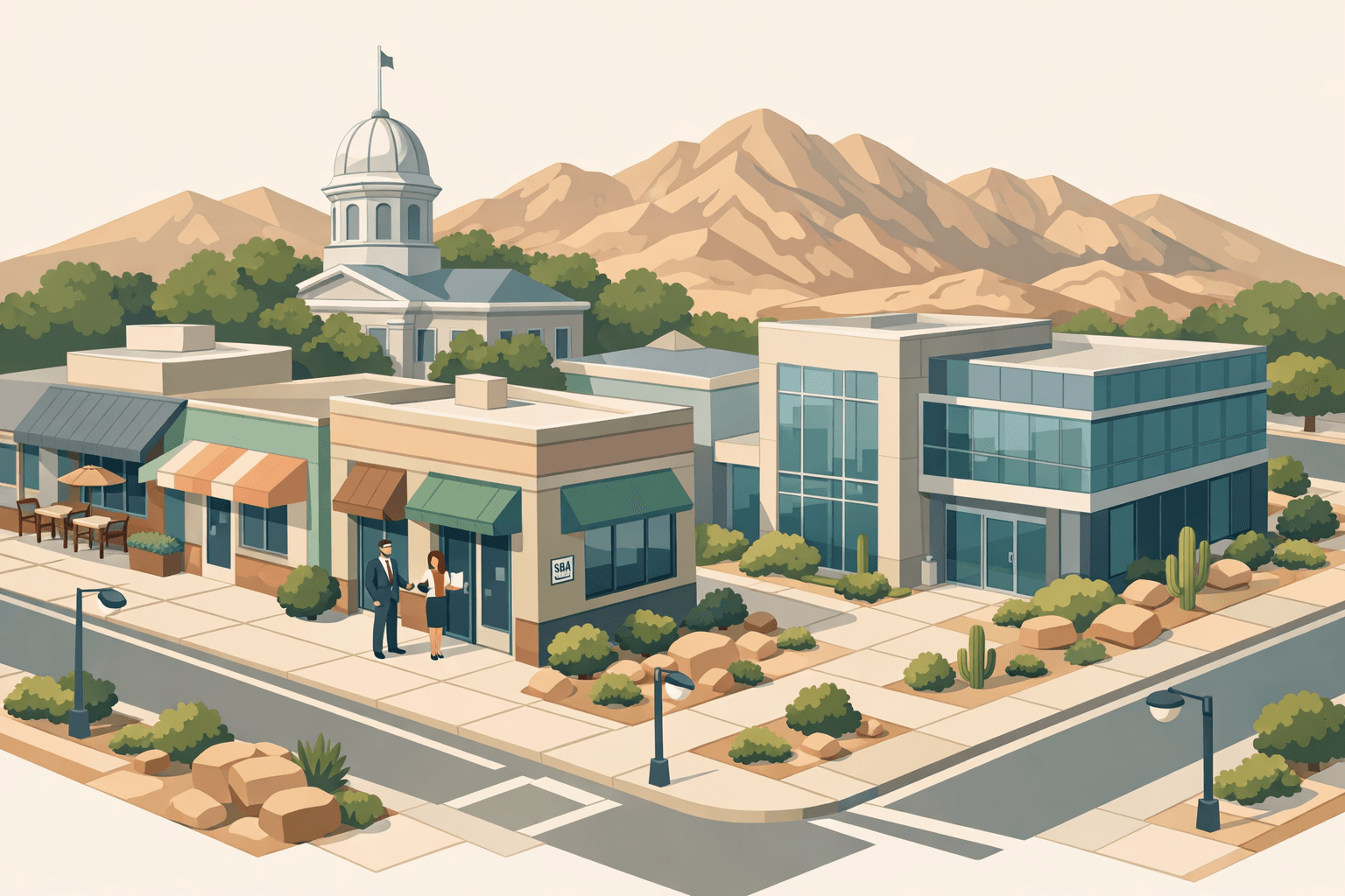 Isometric view of a Nevada small business district with a state capitol dome, commercial storefronts, a bank building, and small figures near a loan office.