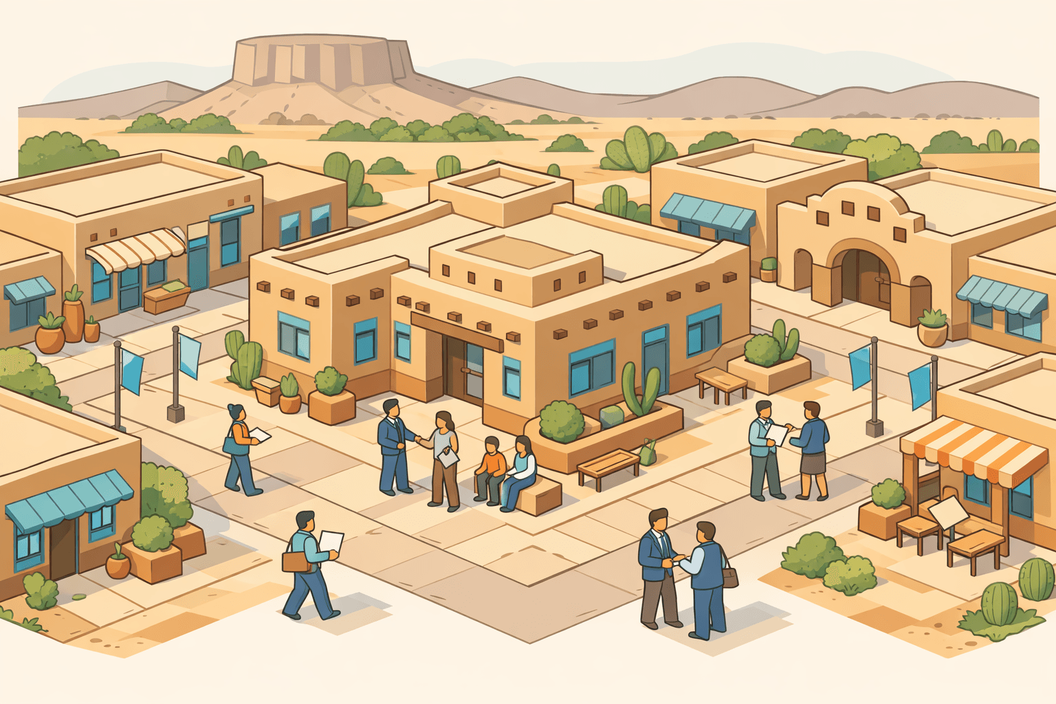 Isometric illustration of a New Mexico small business district with adobe buildings, a lending office, and entrepreneurs meeting on a desert-town street.
