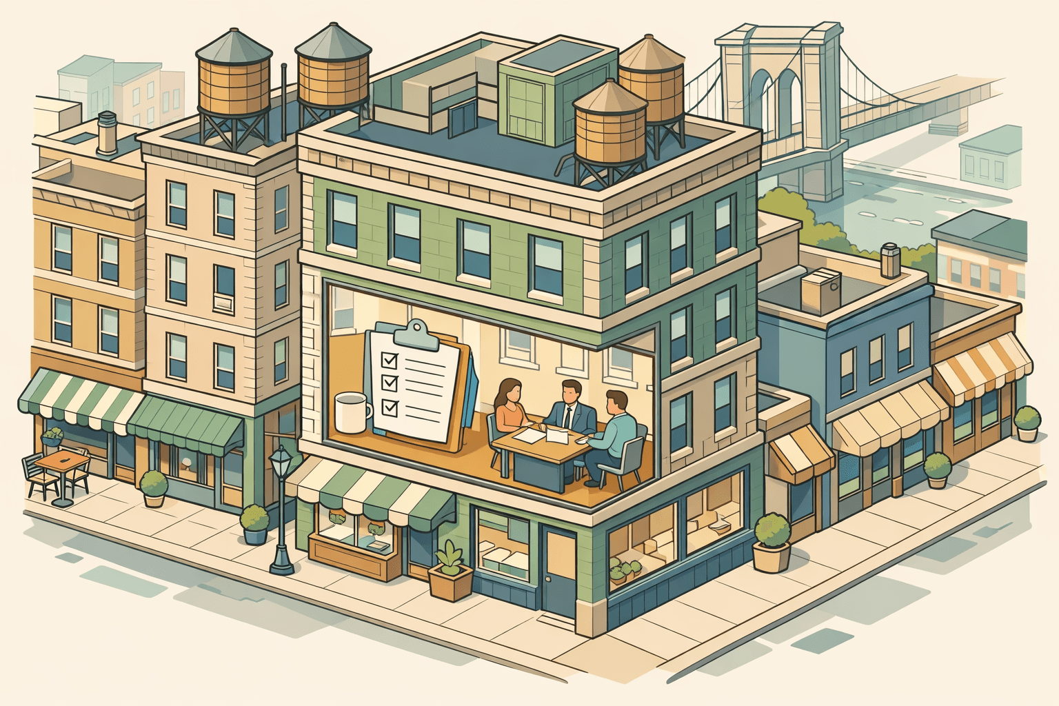 Isometric scene of a New York City community lending office with small business owners meeting a lender, surrounded by city buildings and storefronts.