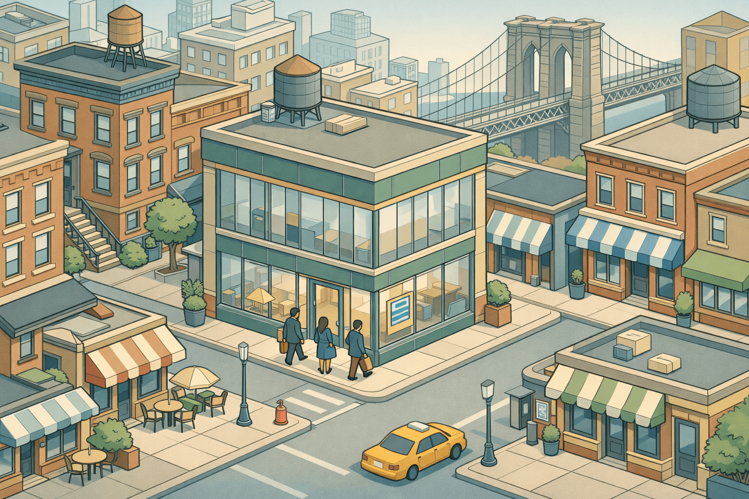 Isometric view of a New York City street with a community lending office, small business storefronts, and tiny figures representing local entrepreneurs.
