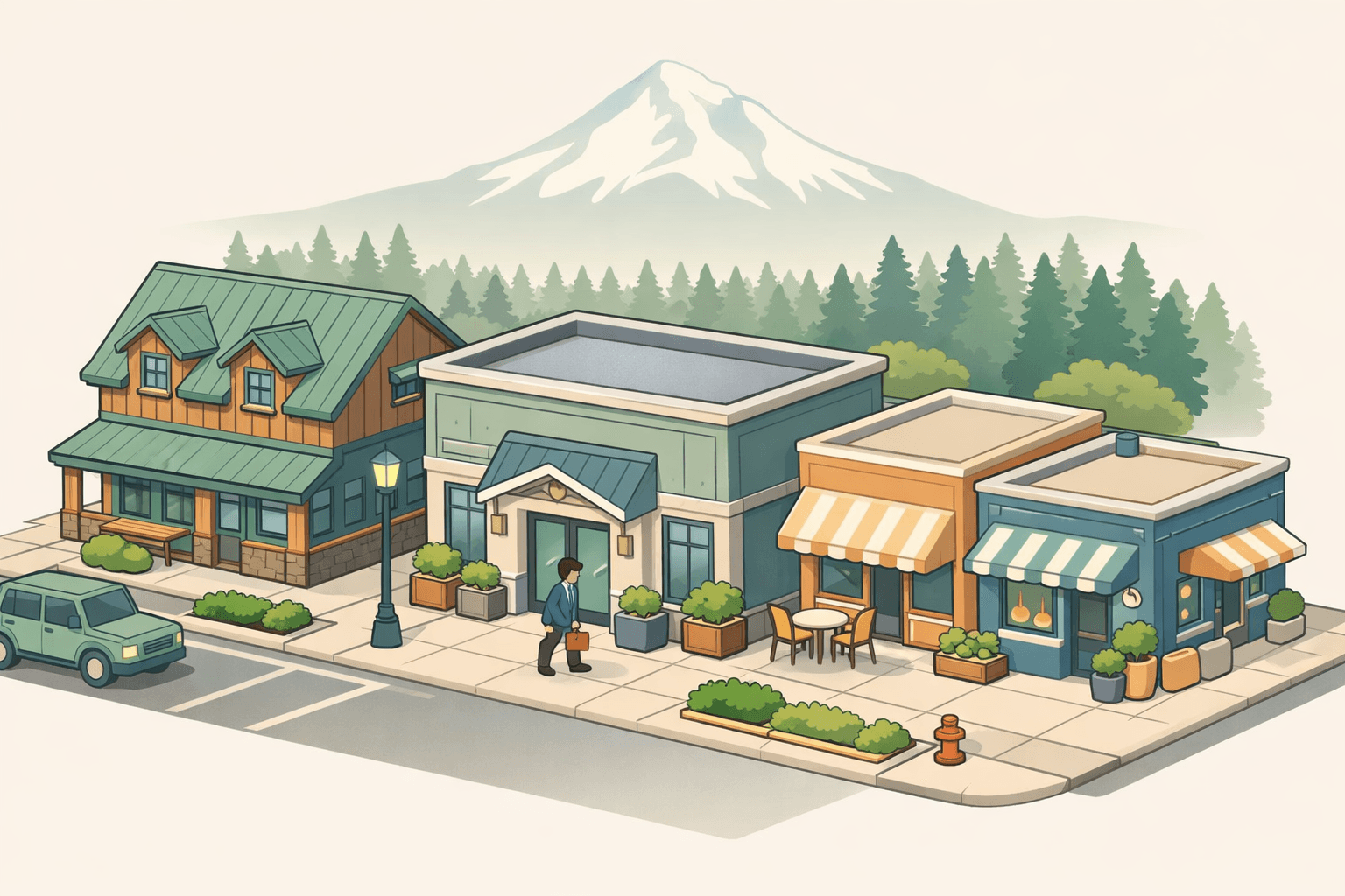Isometric scene of a small Oregon commercial block with a community lending office, local storefronts, and a distant mountain in the background.