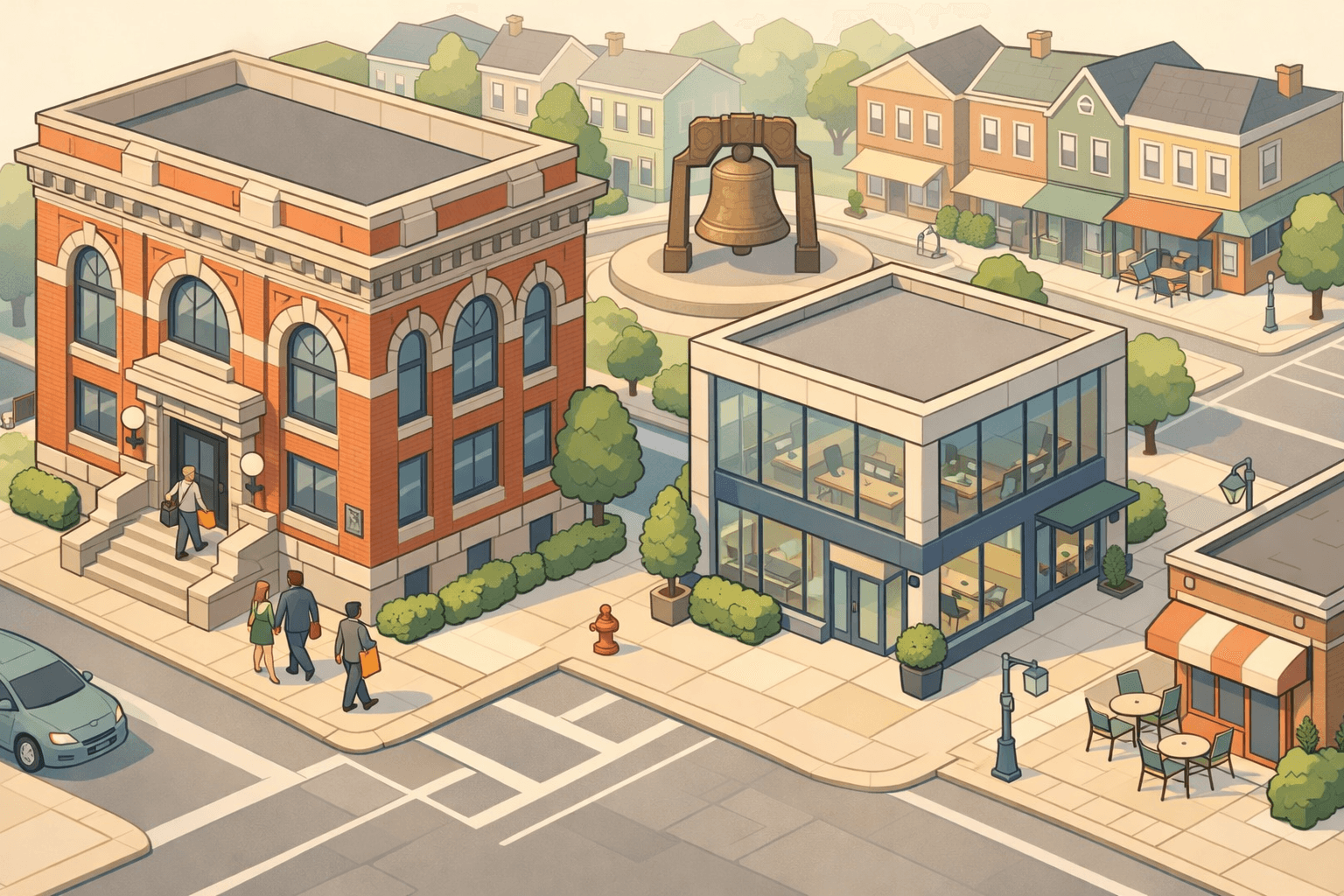Isometric scene of a Pennsylvania city block with a historic bank building, small business offices, and tiny figures of entrepreneurs approaching the entrance.