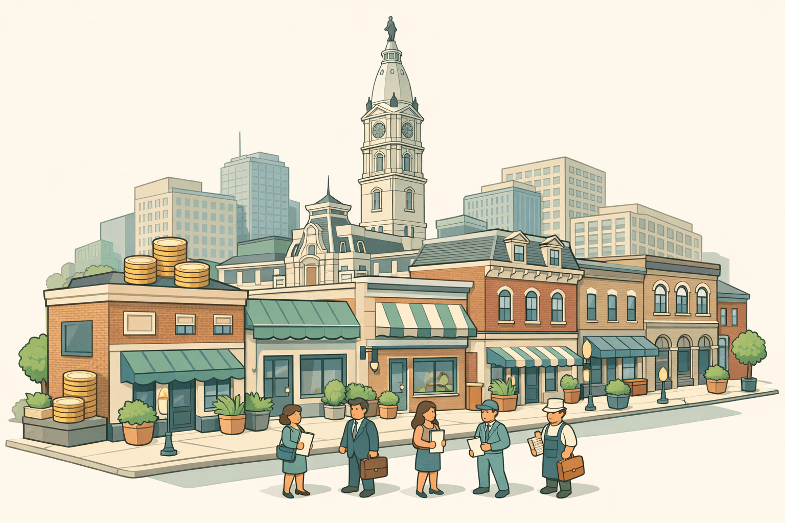 Isometric Philadelphia streetscape with historic buildings and small business owners near a community lending office in a neighborhood commercial district.