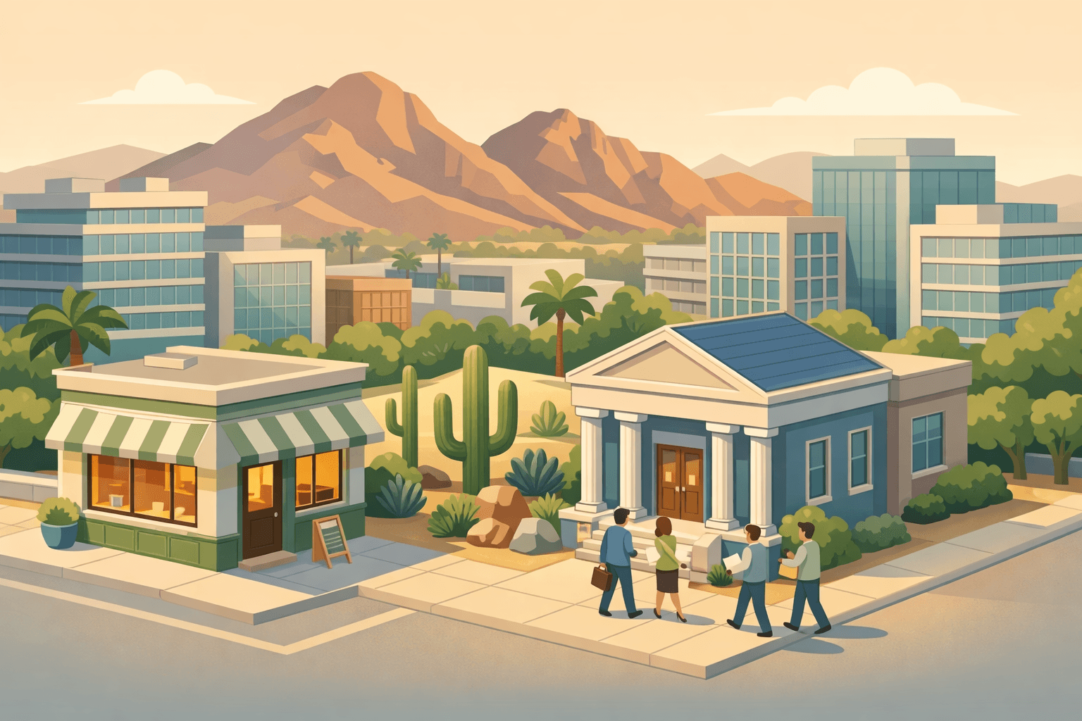 Isometric view of a Phoenix small business district with a community bank, startup storefront, desert mountain backdrop, and entrepreneurs approaching the entrance.