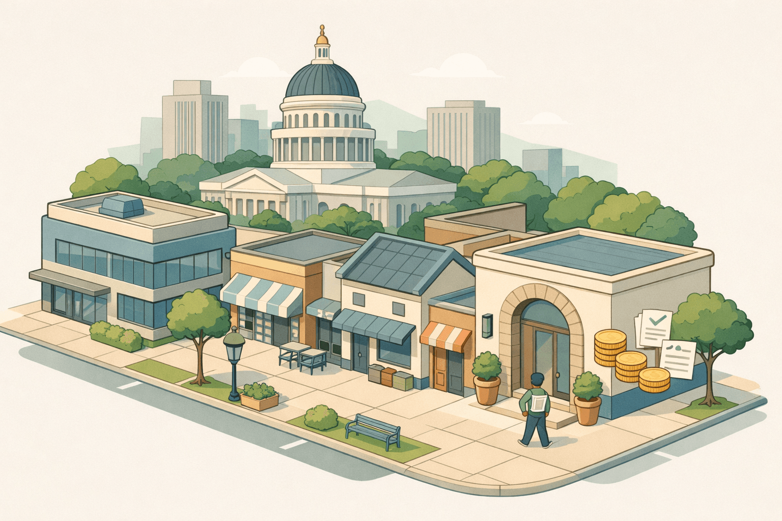 Isometric scene of Sacramento small business street with the State Capitol in the background and a tiny figure entering a community lending office.