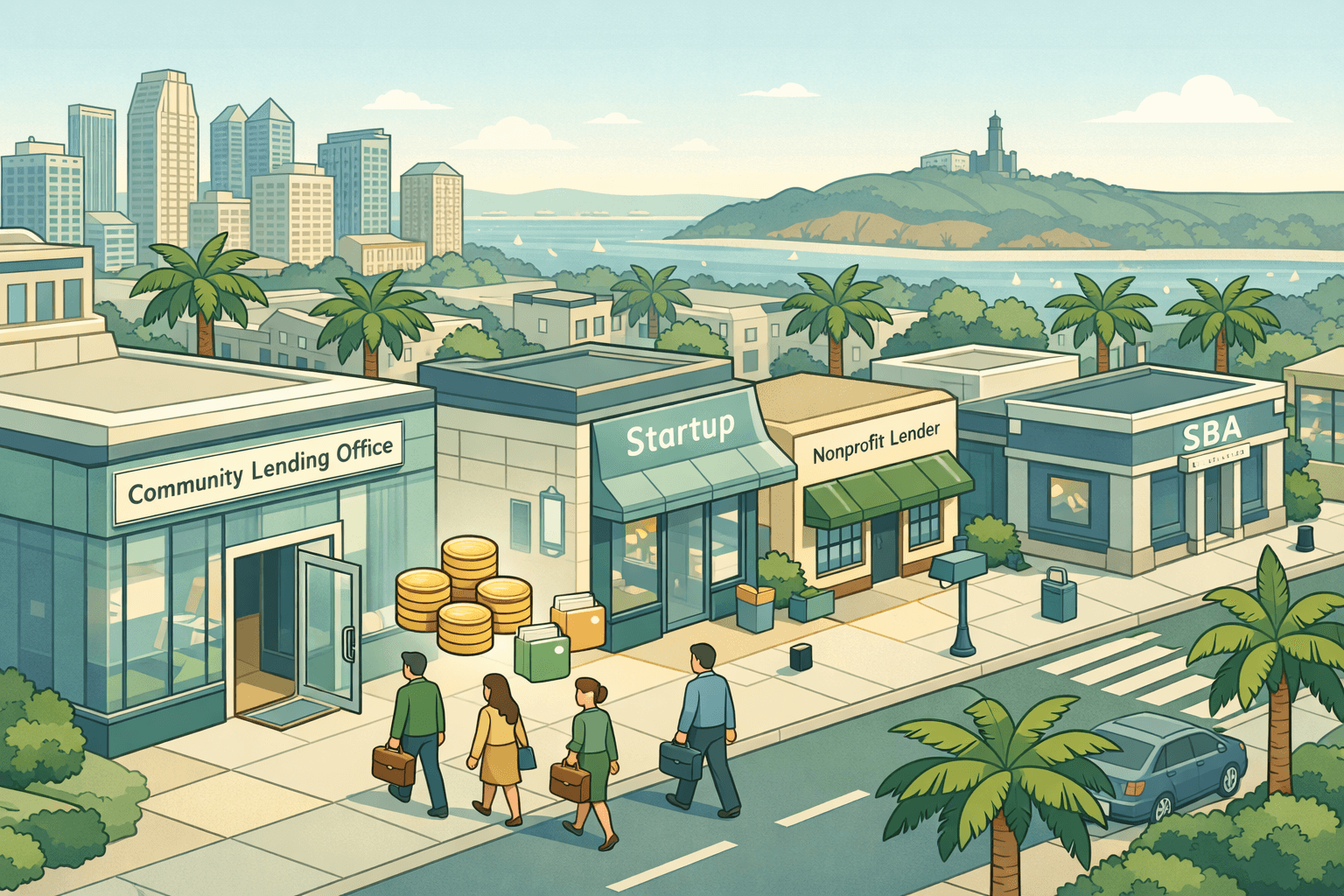Isometric illustration of a San Diego small business street with a community lending office, startup storefronts, and tiny business owners seeking microloan funding.