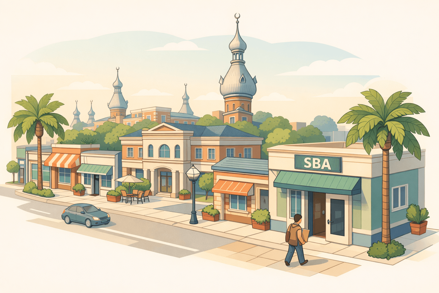 Isometric scene of a Tampa small business street with a community bank, storefronts, a recognizable minaret tower, and a small business owner approaching a lender office.
