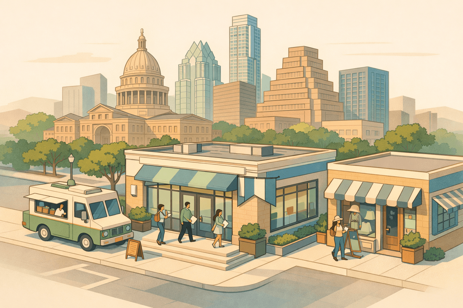 Isometric illustration of a Texas city street with a community lending office and small business storefronts near the Austin skyline.