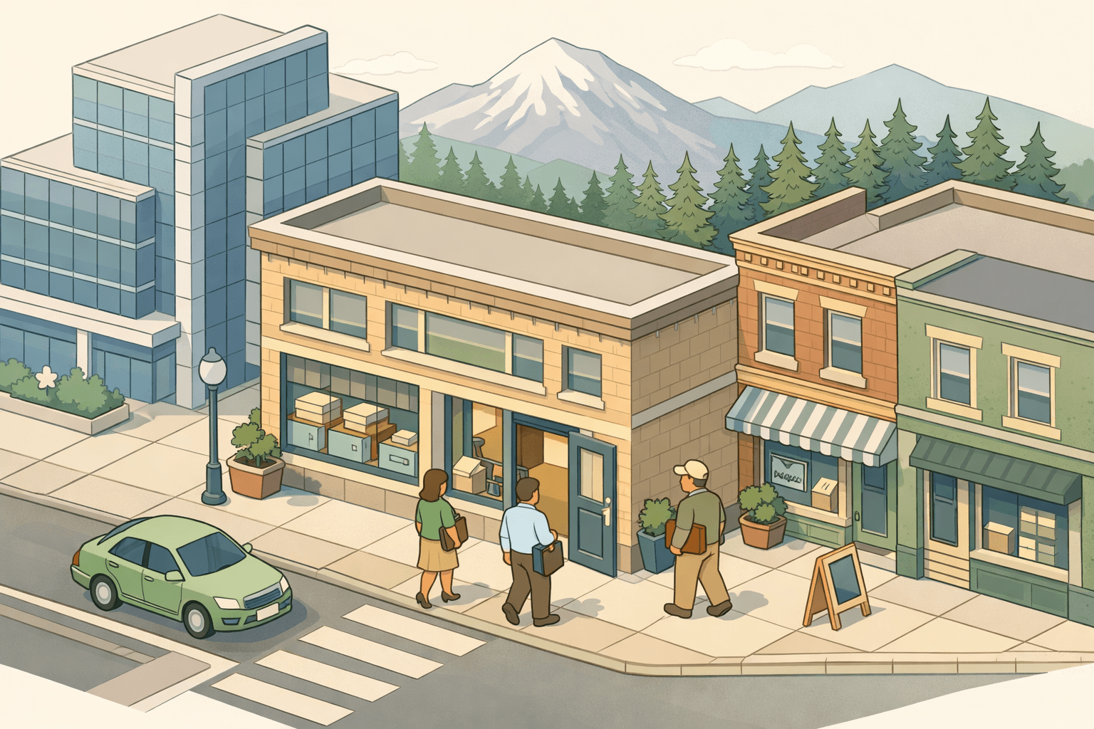Isometric Pacific Northwest street scene with a small business lending office, evergreen trees, mountain backdrop, and tiny figures of entrepreneurs approaching the building.