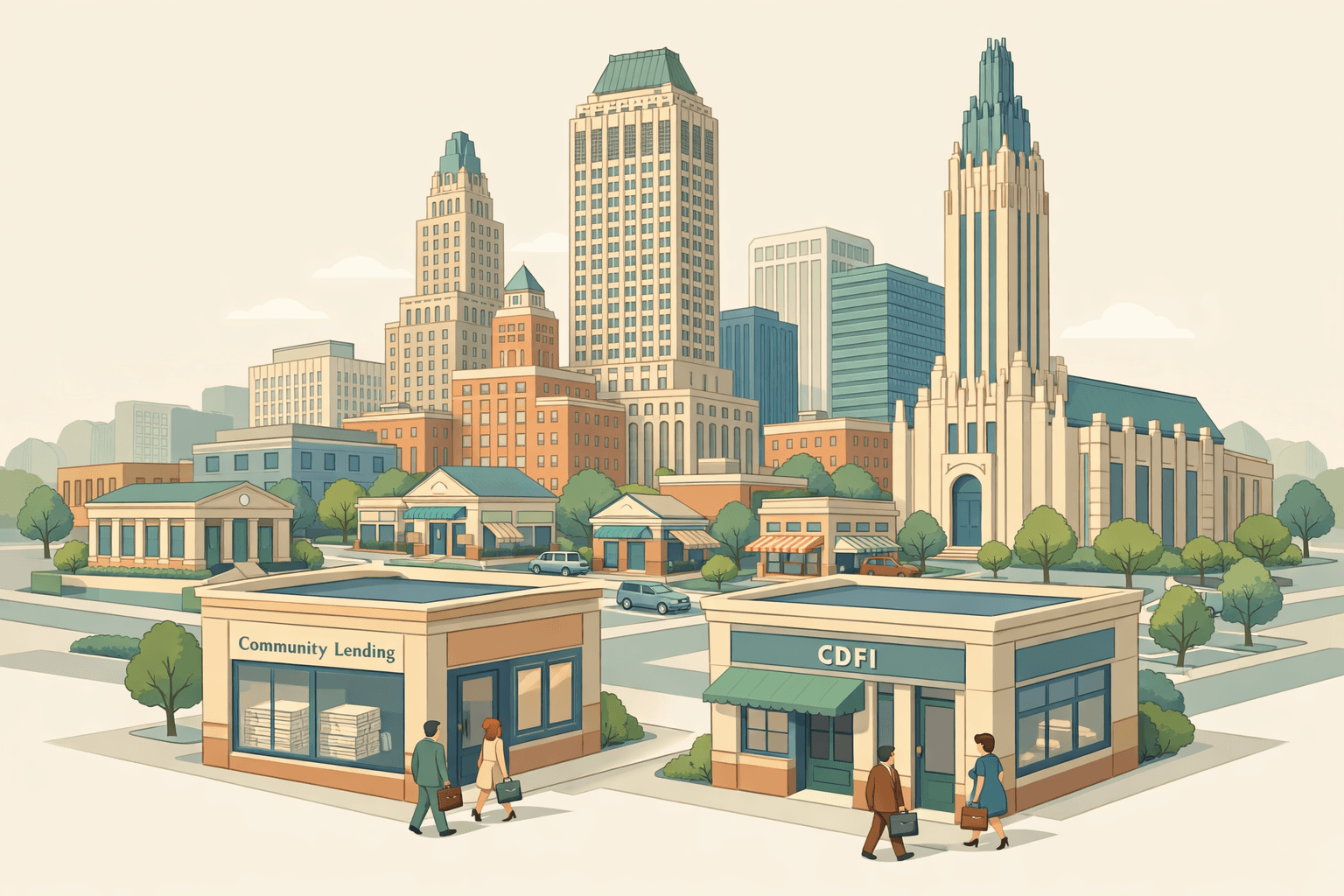 Isometric view of a Tulsa city block with an Art Deco skyline, a community lending office, and small business owners approaching the entrance.