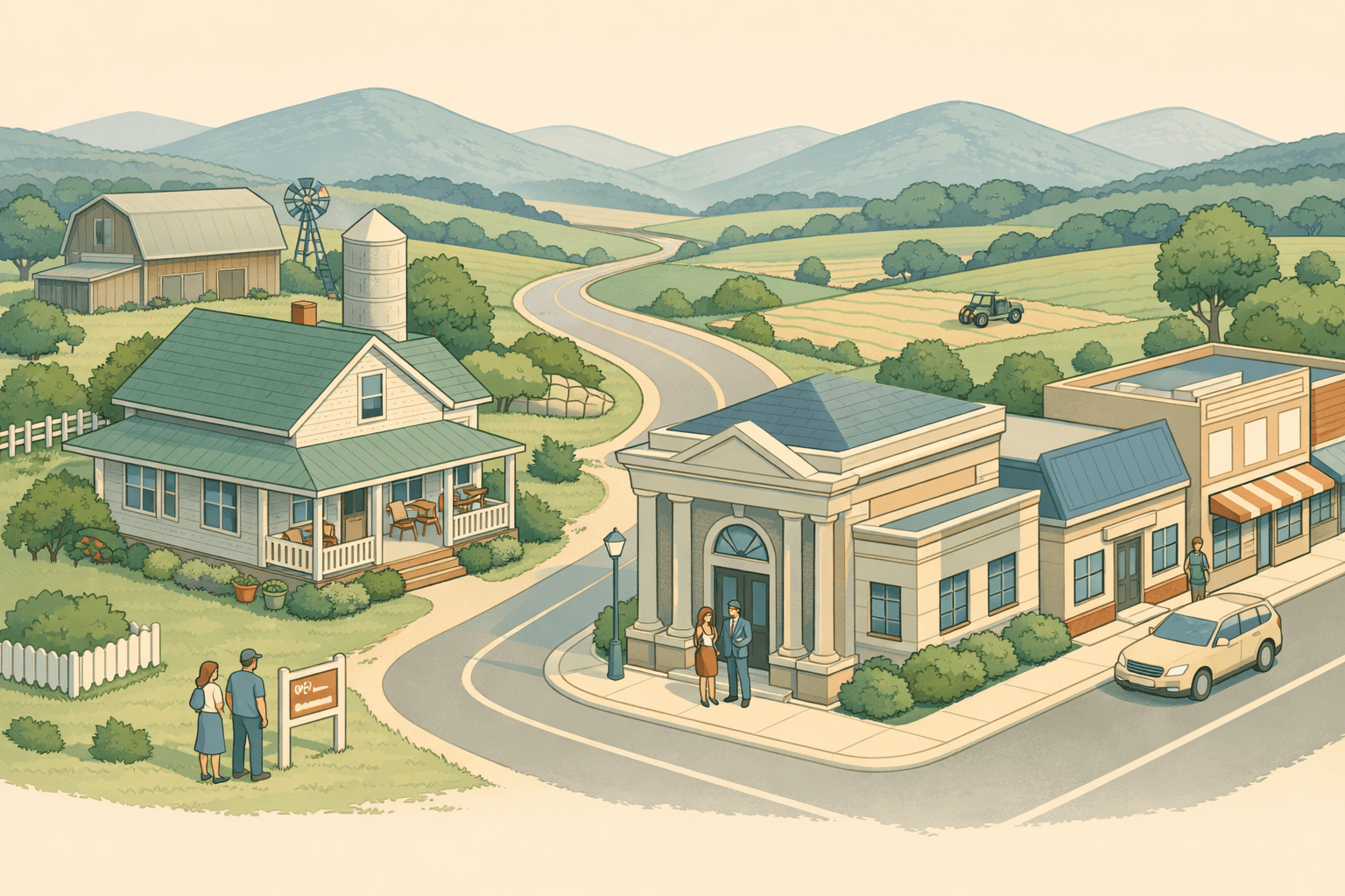 Isometric scene of an Arkansas rural town with a farmhouse, community bank, mortgage office, rolling hills, and small figures near a for-sale sign.