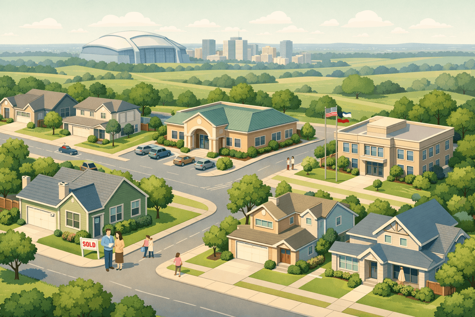 Isometric suburban Arlington neighborhood with homes, a small bank building, and tiny figures of homebuyers near a house with a sold sign.