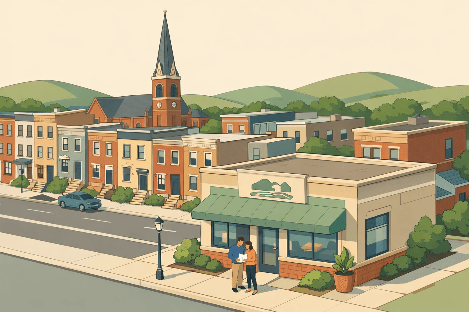 Isometric scene of Baltimore rowhouses and a mortgage office building with a couple reviewing documents outside, suburban hills in the background.